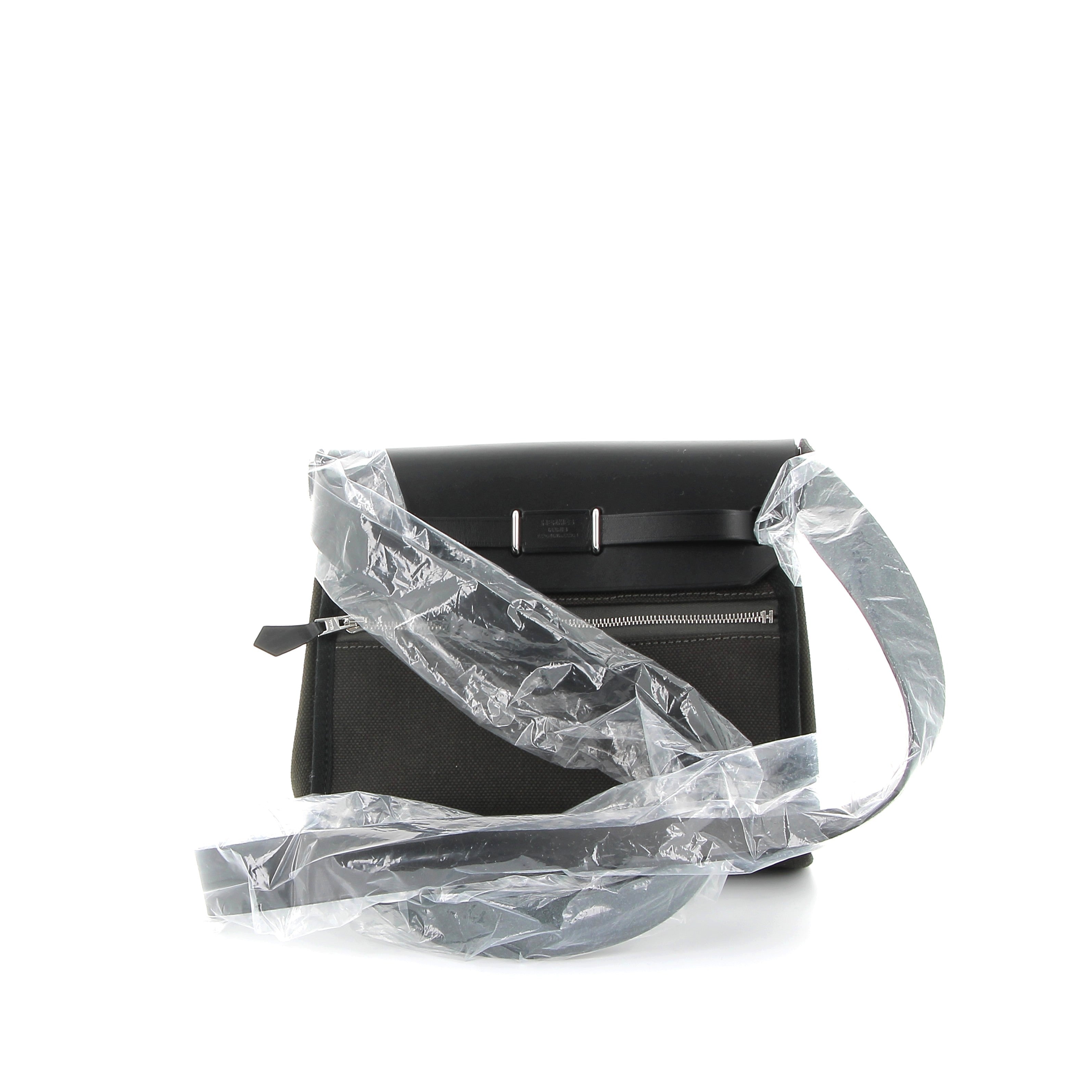 HERMÈS Mini Herbag 20 Noir Swift/Toile Finition Palladié