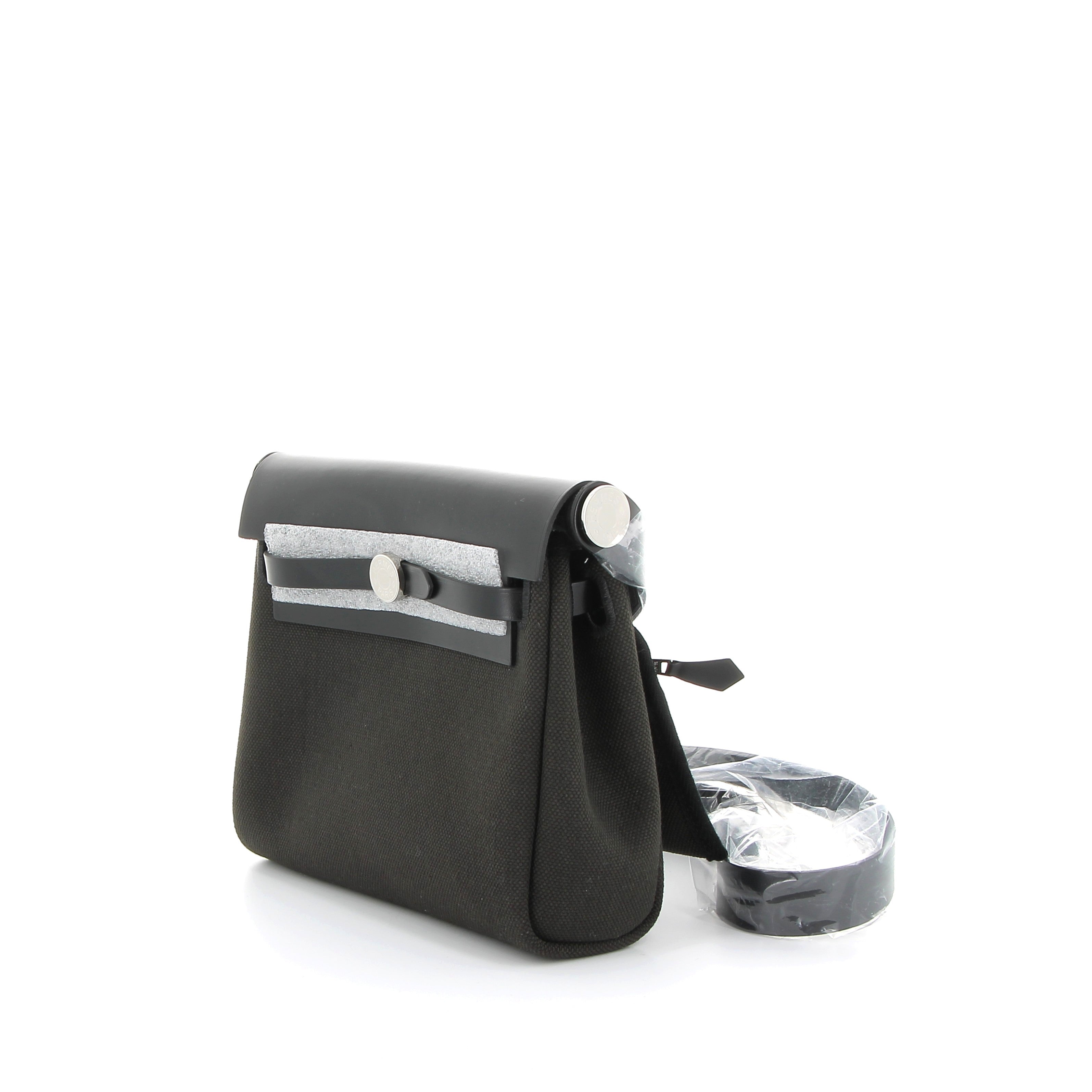 HERMÈS Mini Herbag 20 Noir Swift/Toile Finition Palladié