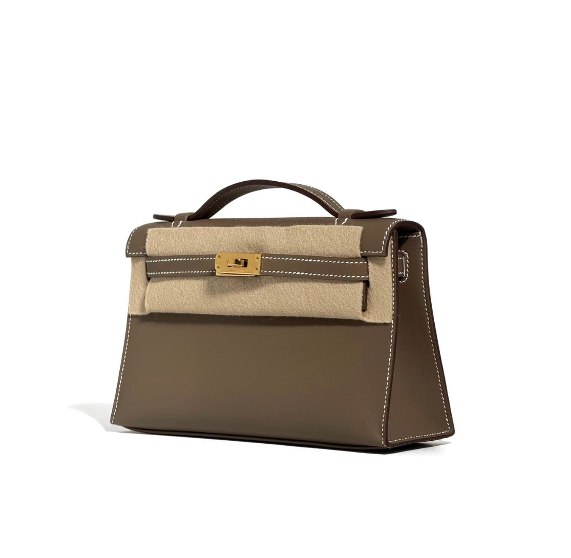 HERMES Kelly Pochette Etoupe Swift Finition Or Jaune