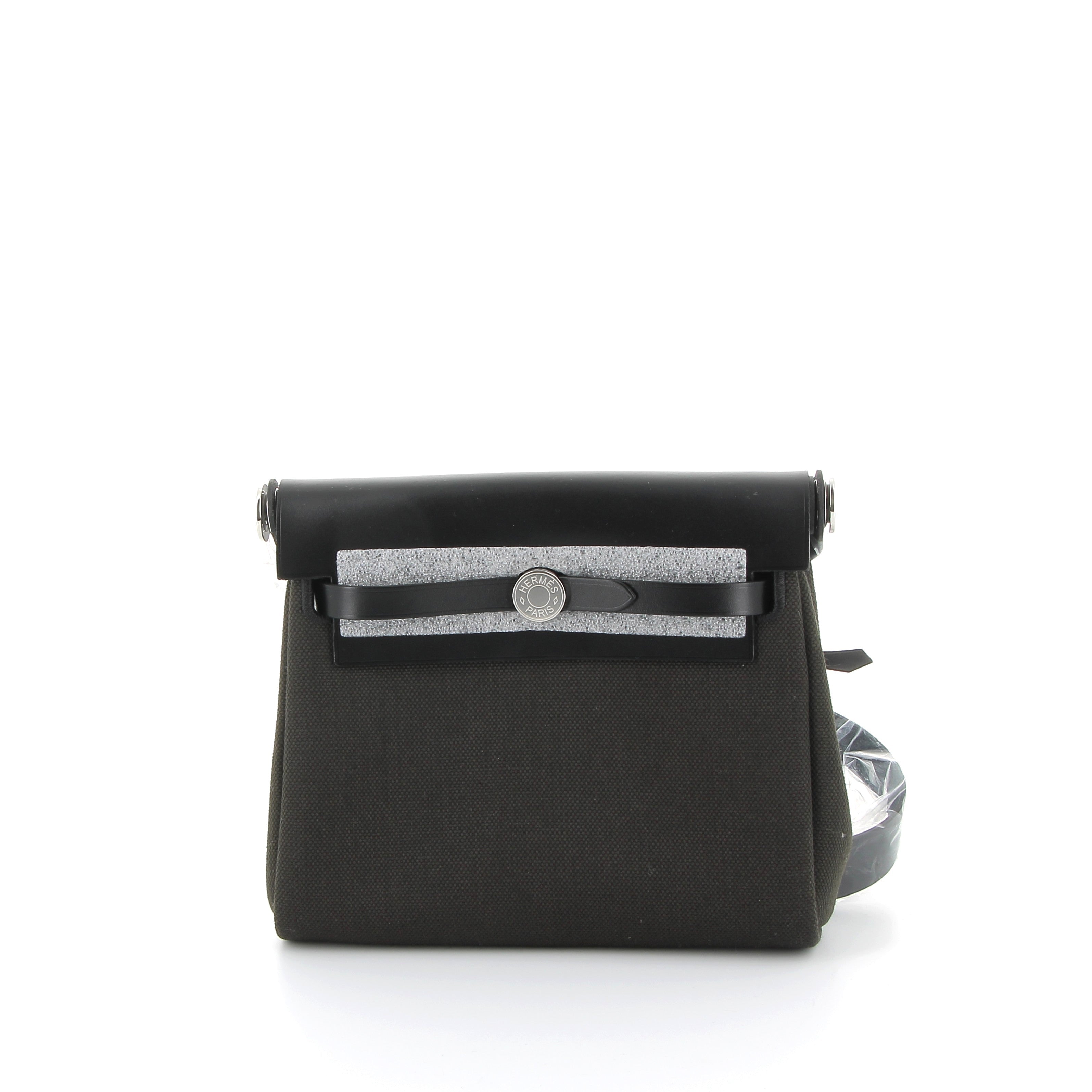 HERMÈS Mini Herbag 20 Ebene/Noir Swift/Toile Finition Palladié