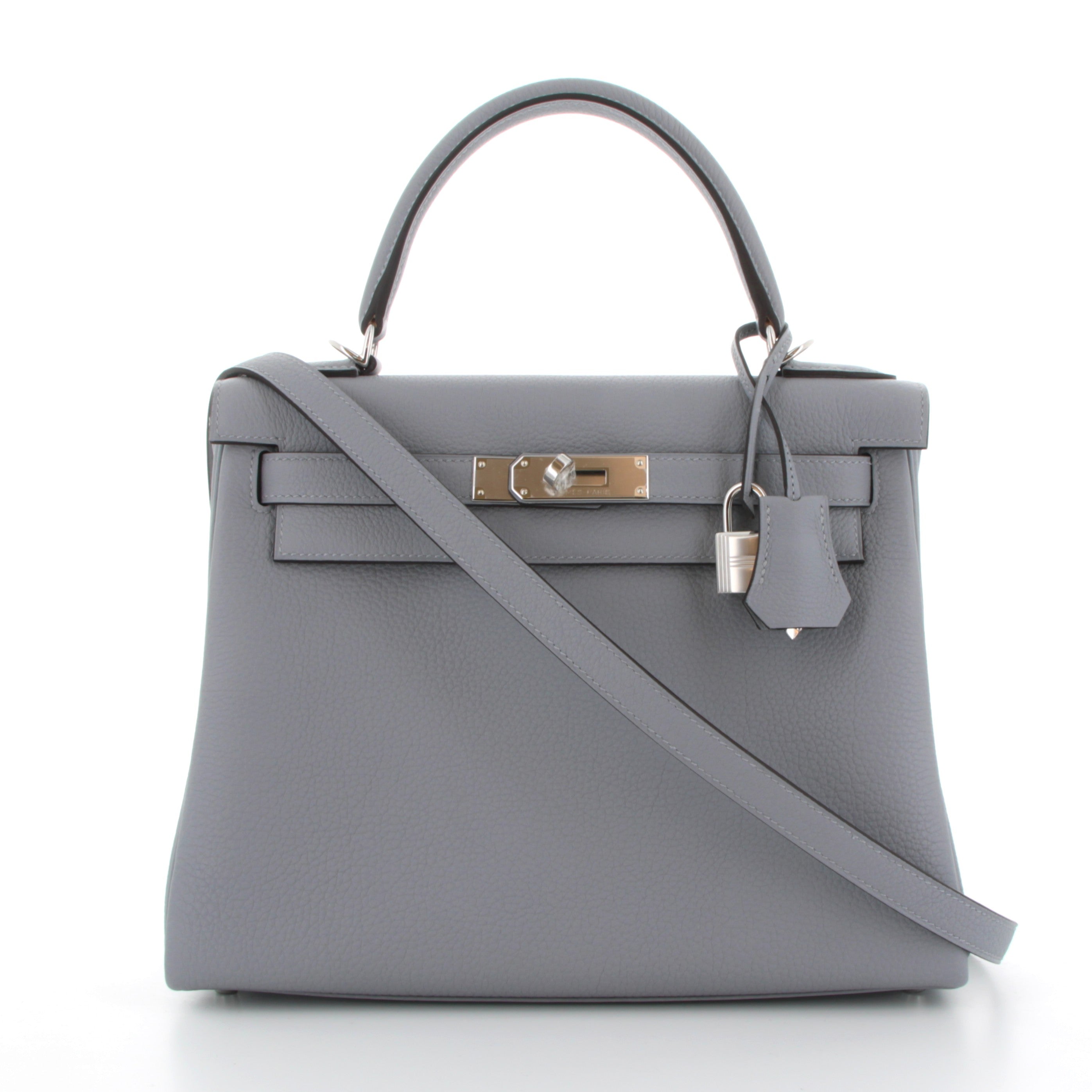 HERMES Kelly 28 Gris Pantin Cuir Togo Finition Palladié