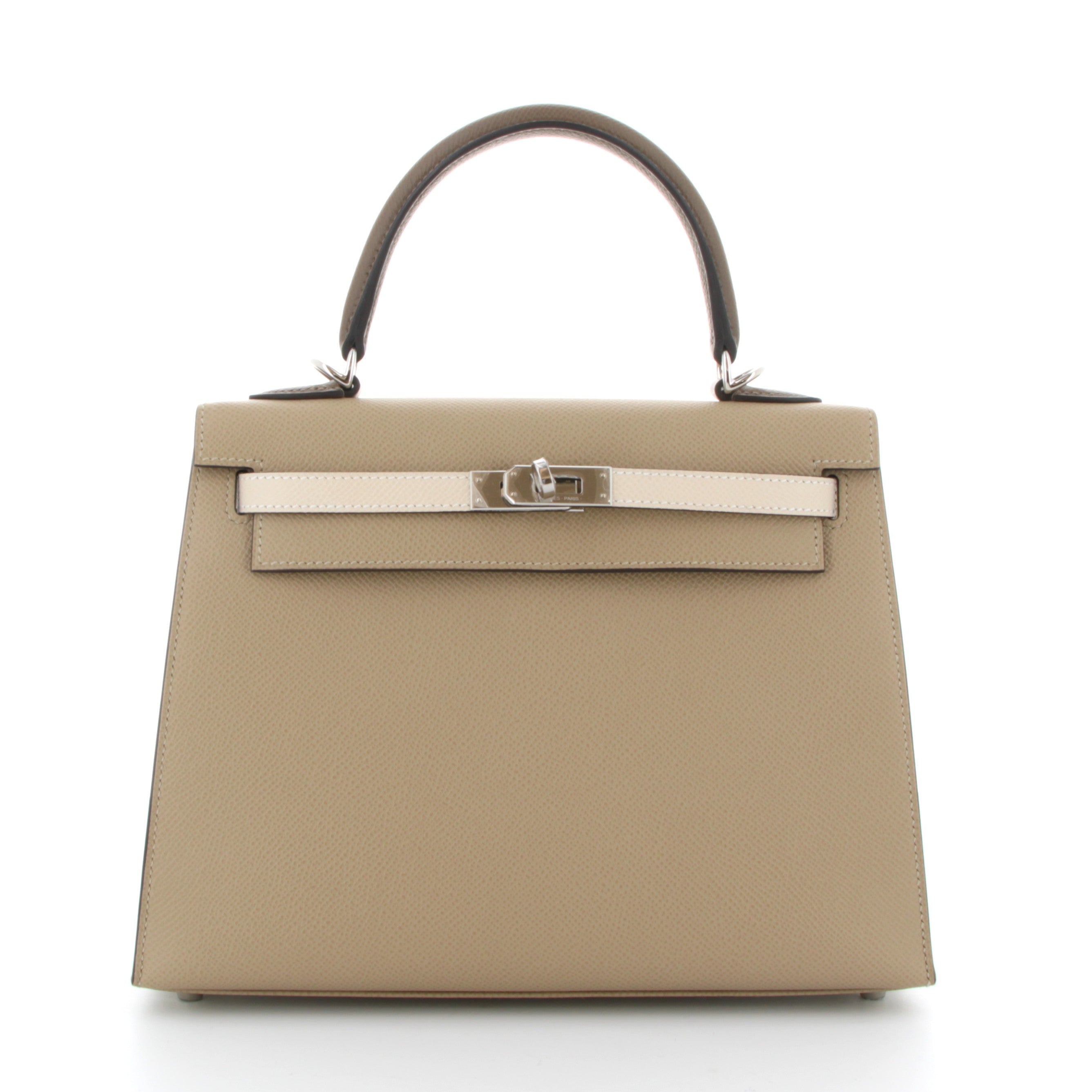 HERMES Kelly 25 Tricolor Trench/Craie/Etoupe Epsom Finition Palladie