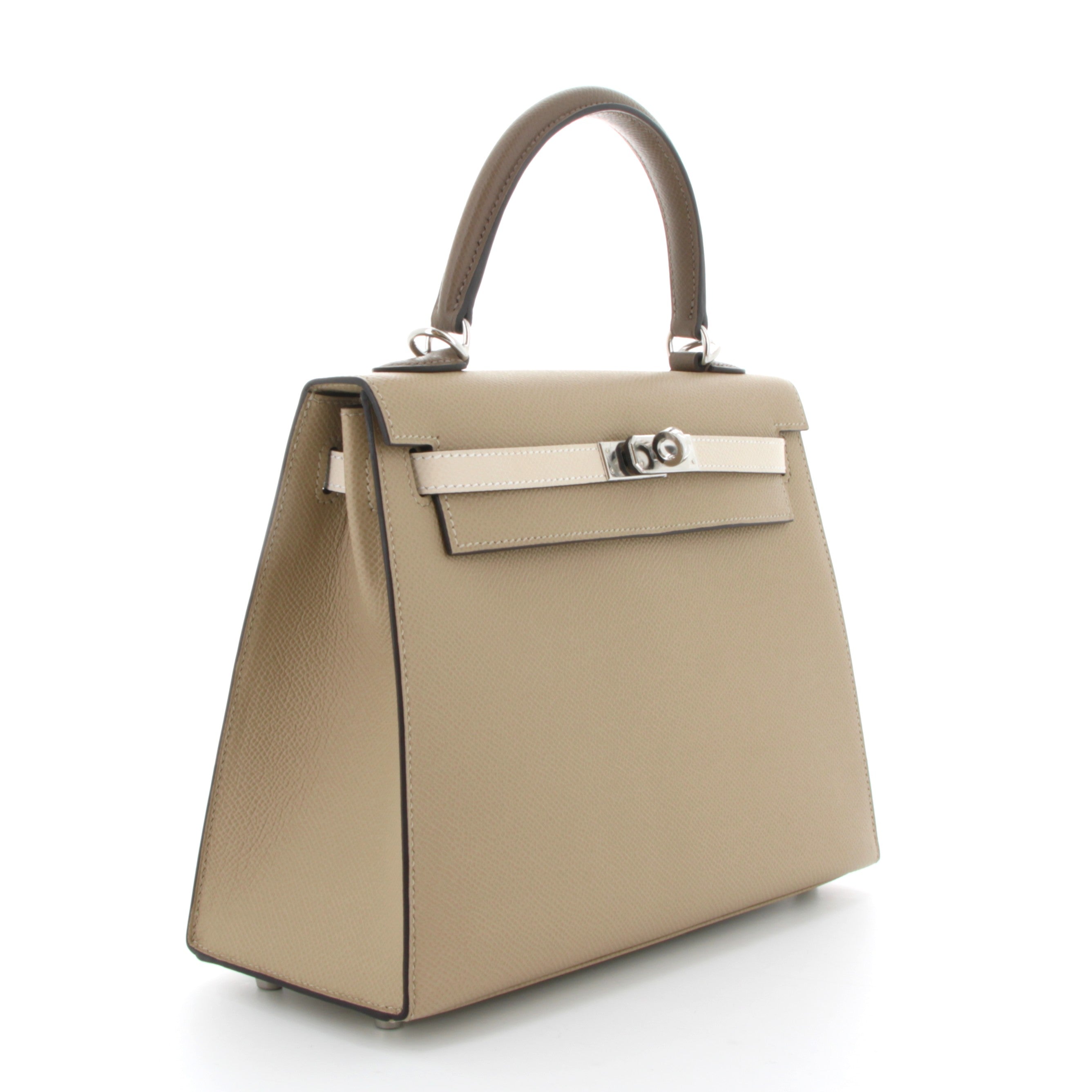 HERMES Kelly 25 Tricolor Trench/Craie/Etoupe Epsom Finition Palladie