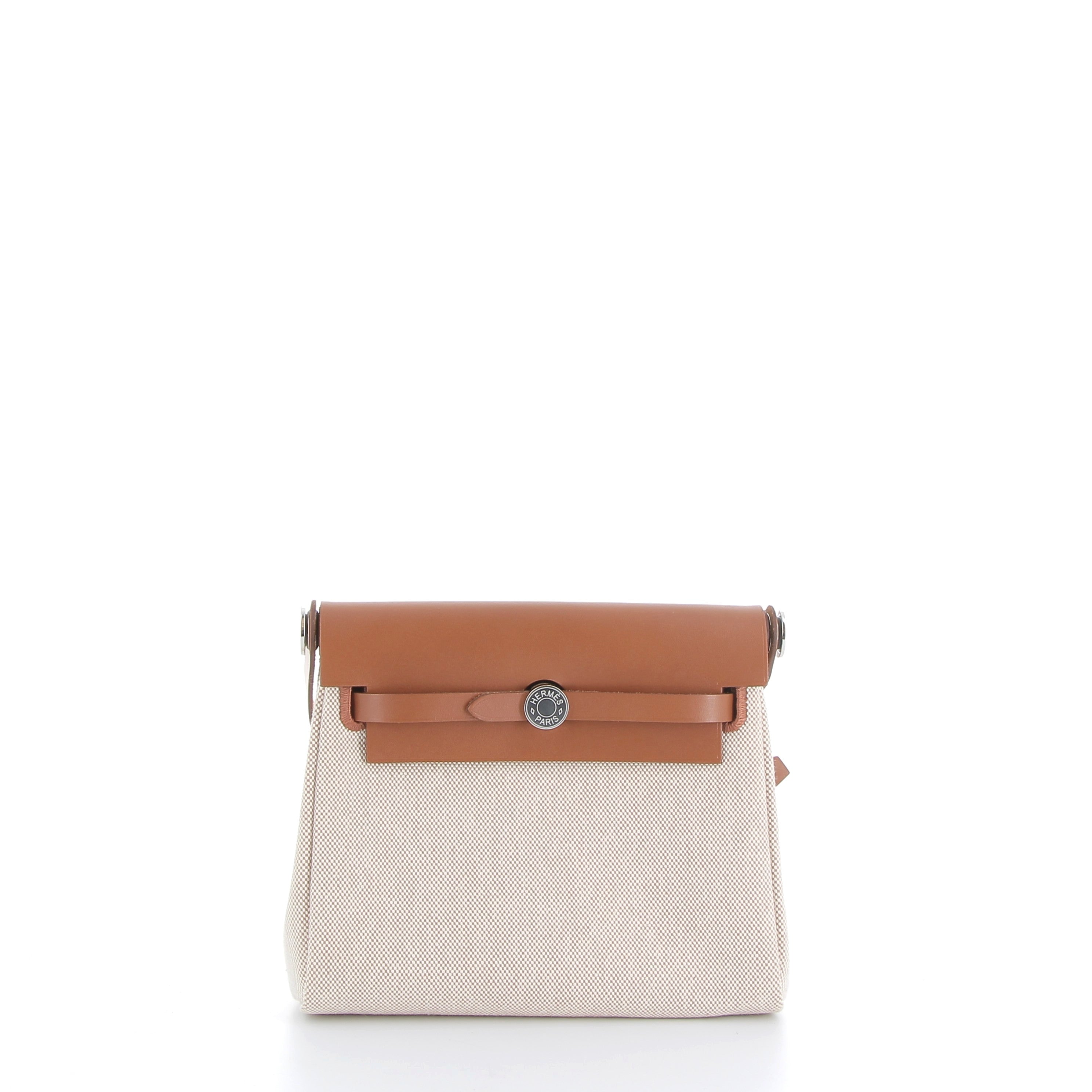 Hermès Mini Herbag 20 Ecru Toile & Gold Cuir Vache Hunter Finition Palladié