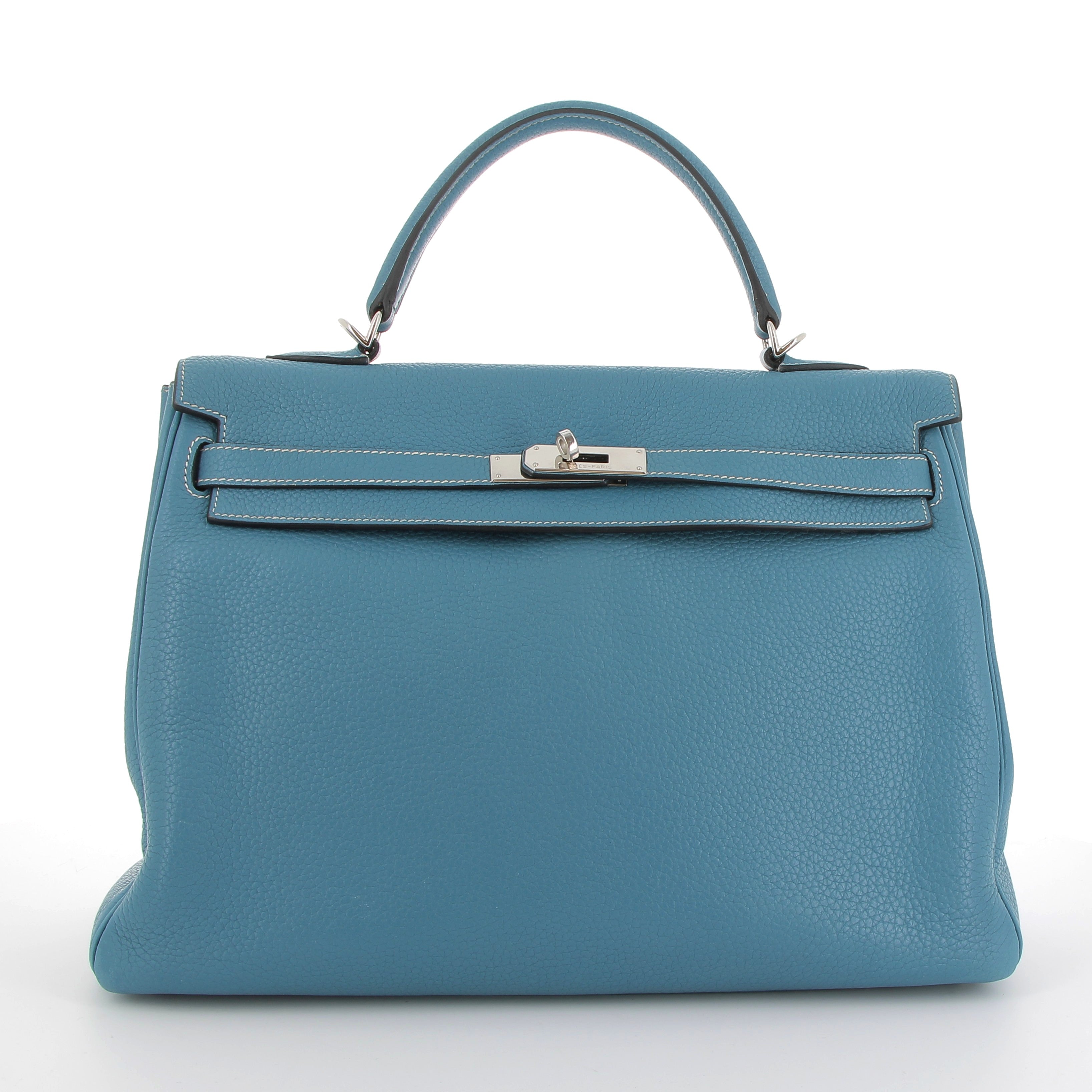 HERMES Preowned Kelly 35 Bleu Jean Togo Finition Palladié