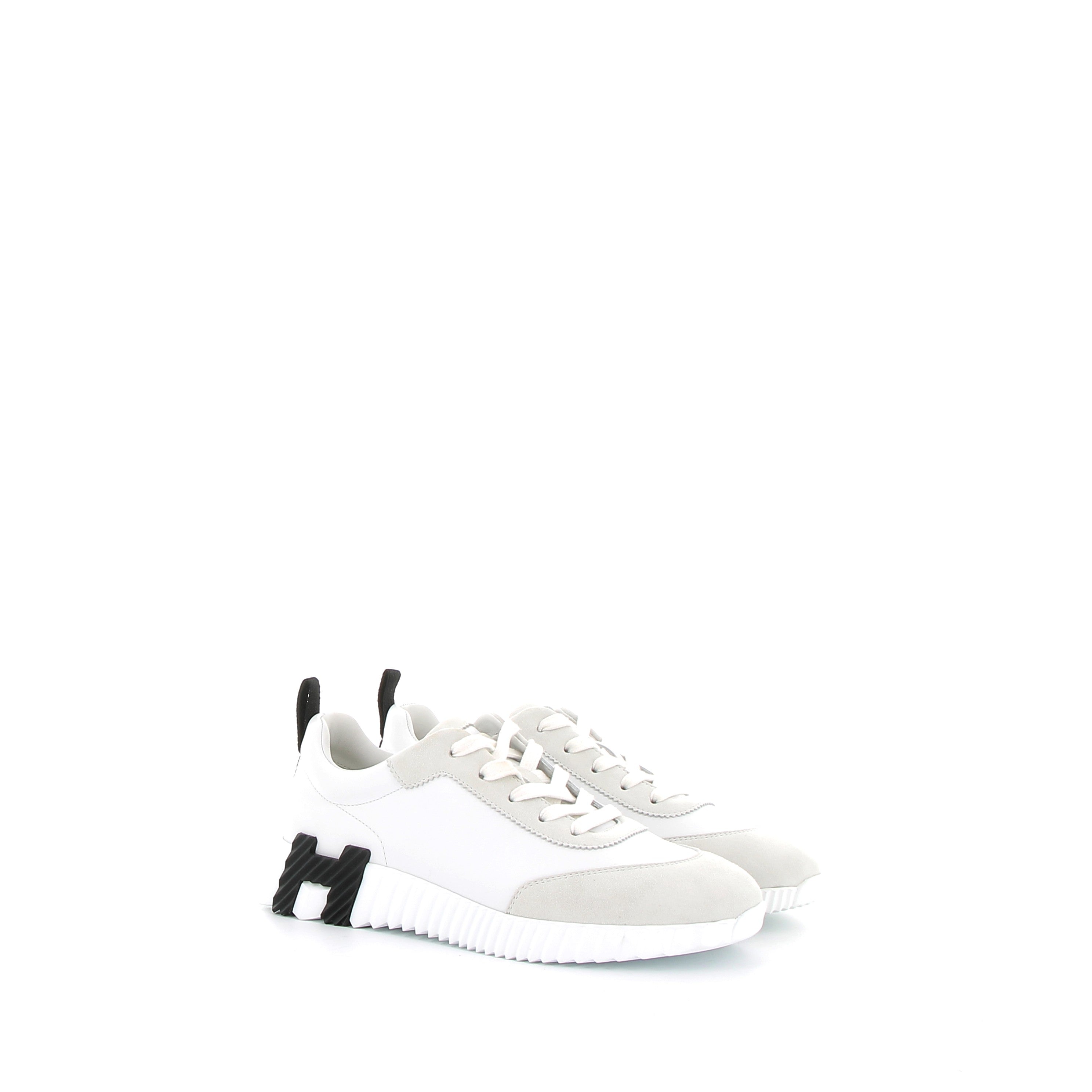 HERMÈS Bouncing Sneakers Veau et Chèvre Velours Blanc et Noir
