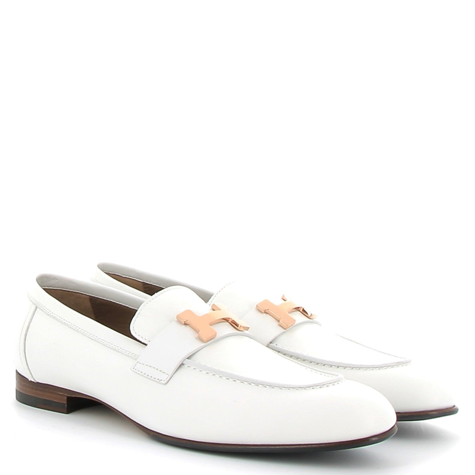 HERMÈS Mocassins Cuir Blanc boucle rose