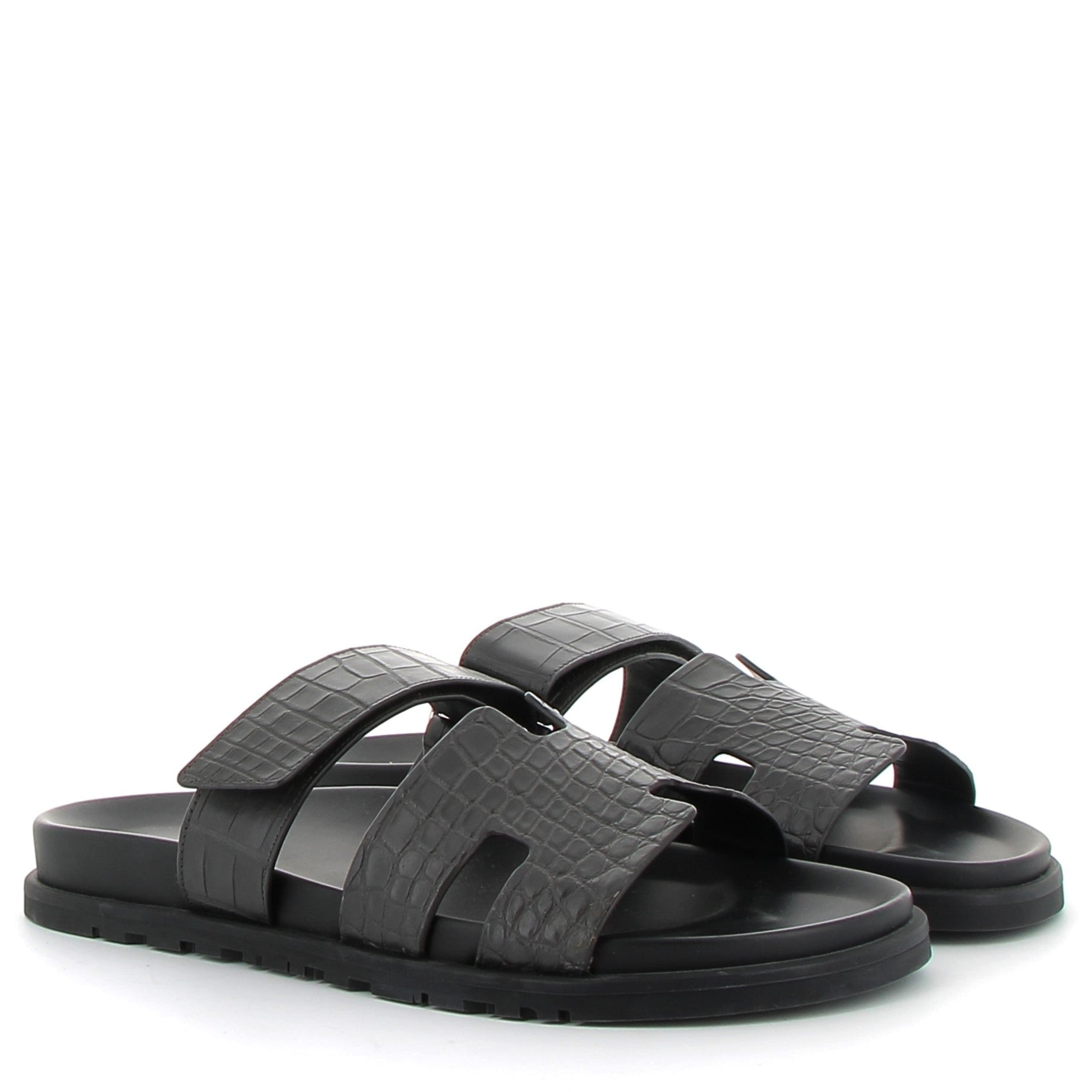 HERMÈS Chypre Sandales Crocodile Graphite Noir