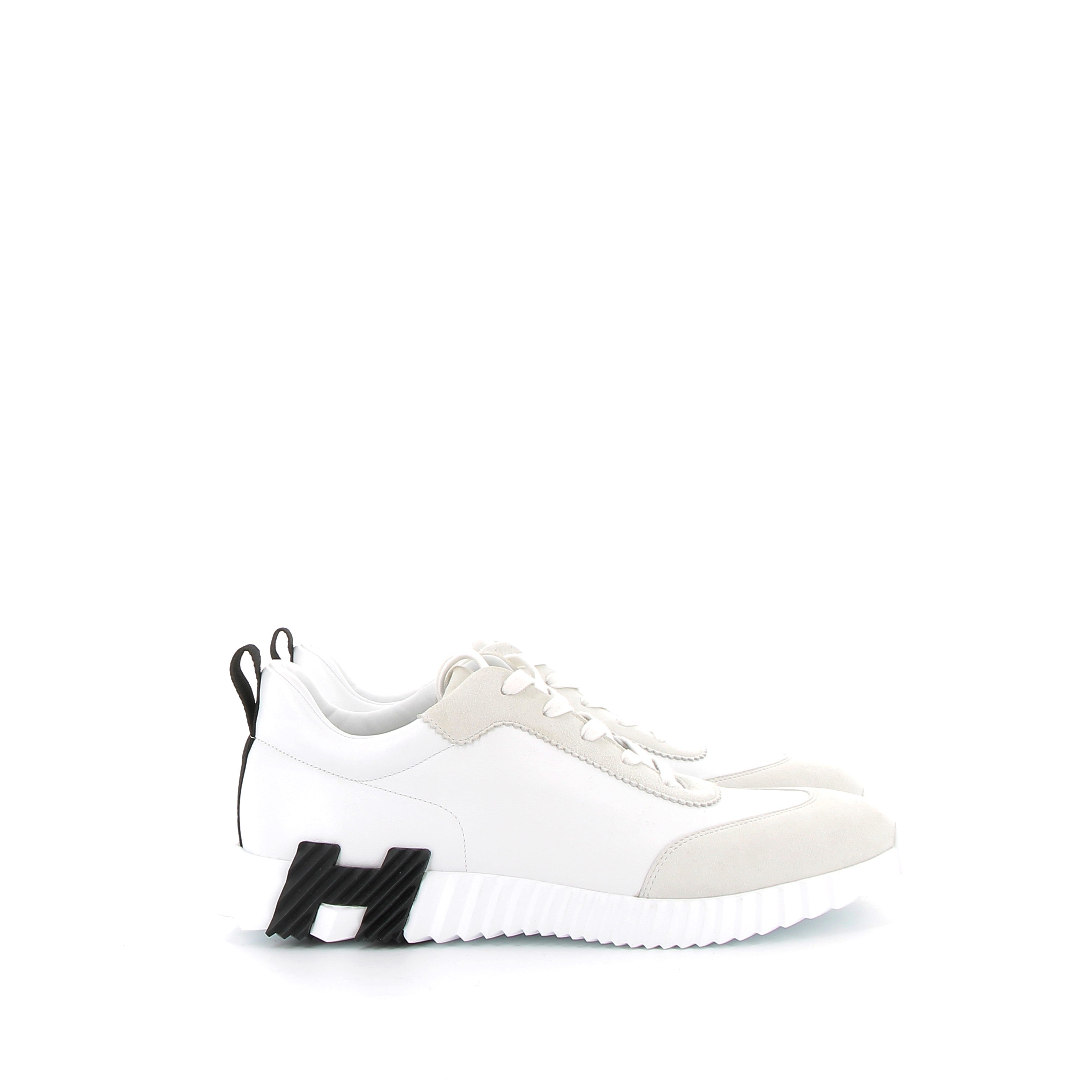 HERMÈS Bouncing Sneakers Veau et Chèvre Velours Blanc et Noir