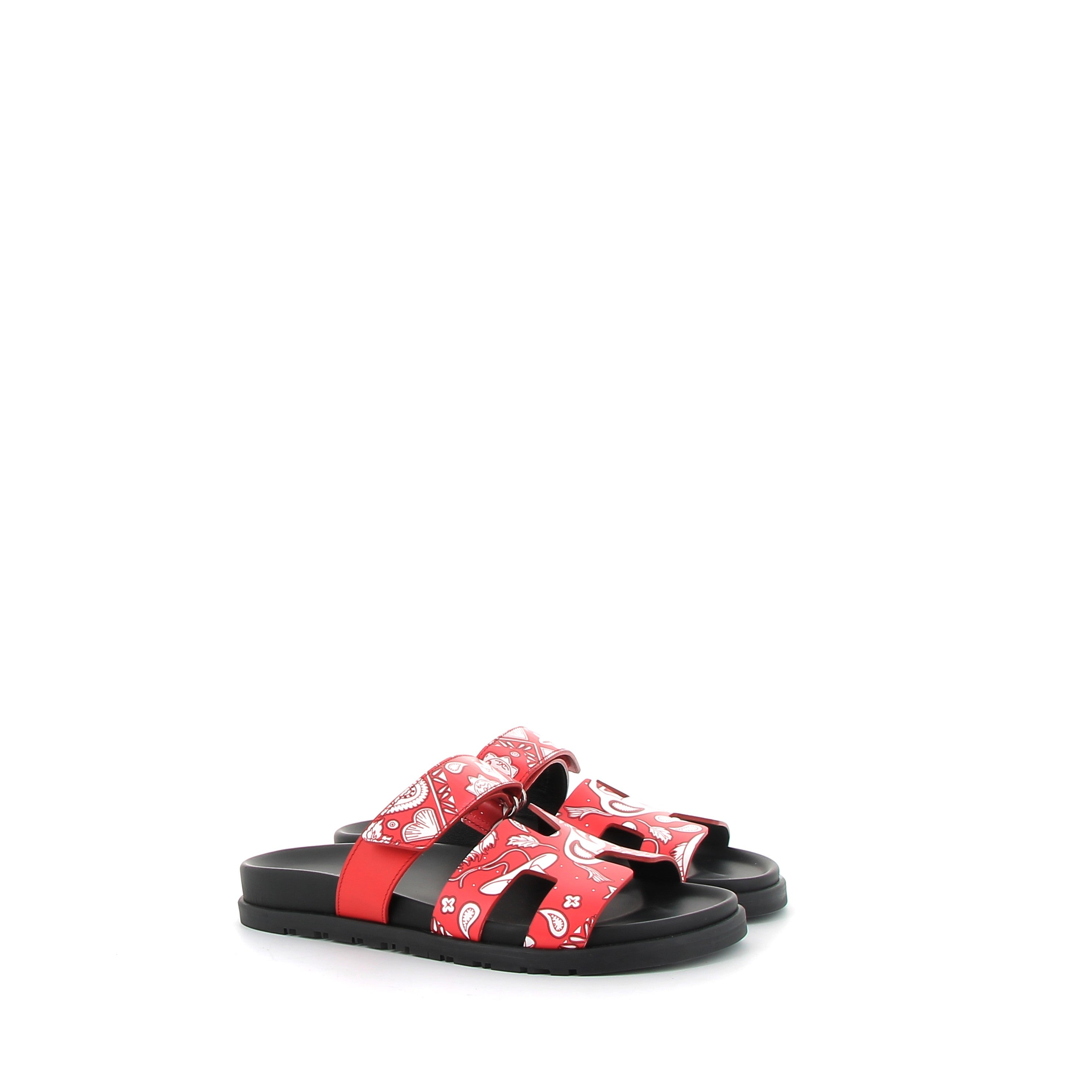 HERMÈS Chypre Sandales cuir Swift Blanc et Rouge