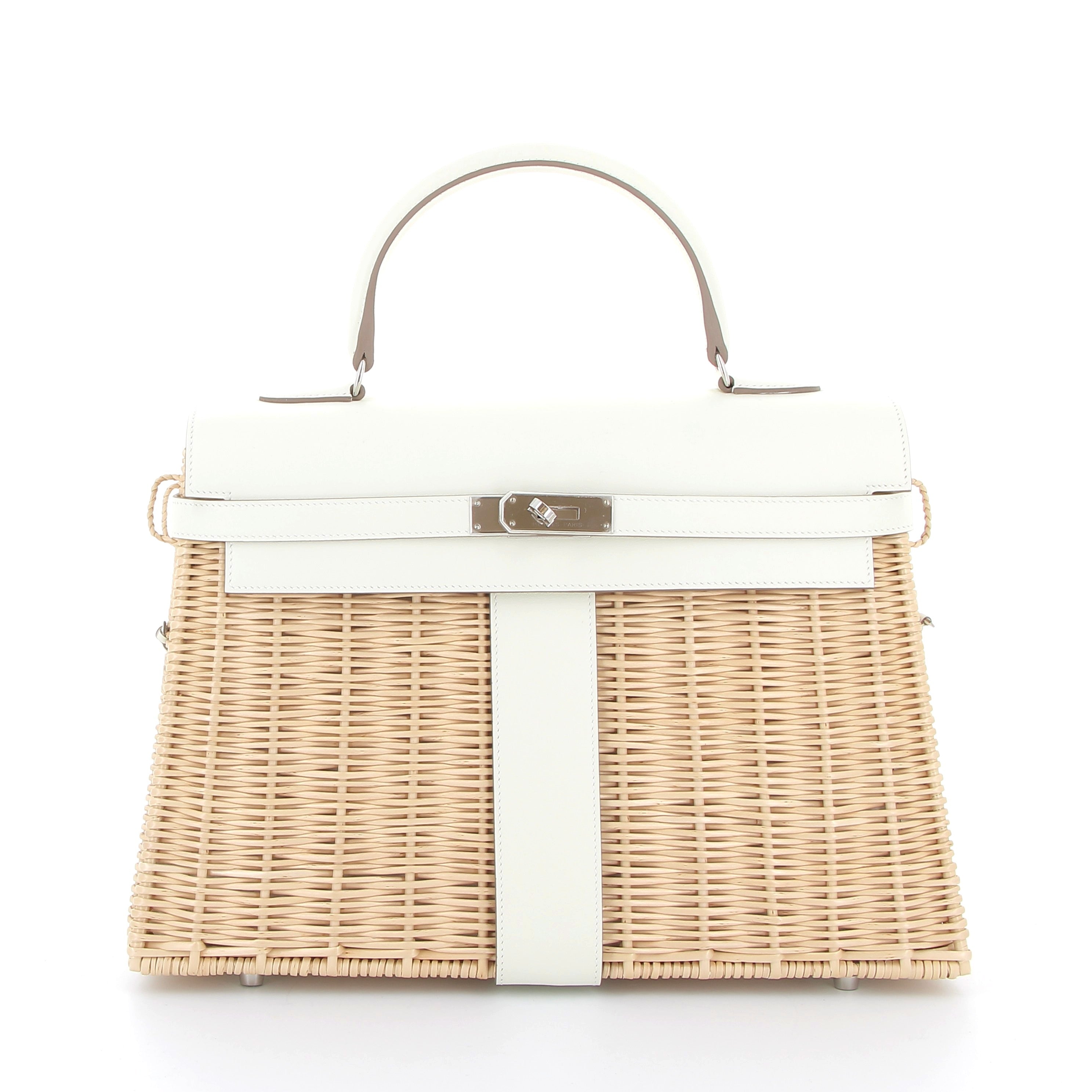 HERMES Kelly Picnic Mushroom 35cm En Osier et Cuir Swift Finition Palladié