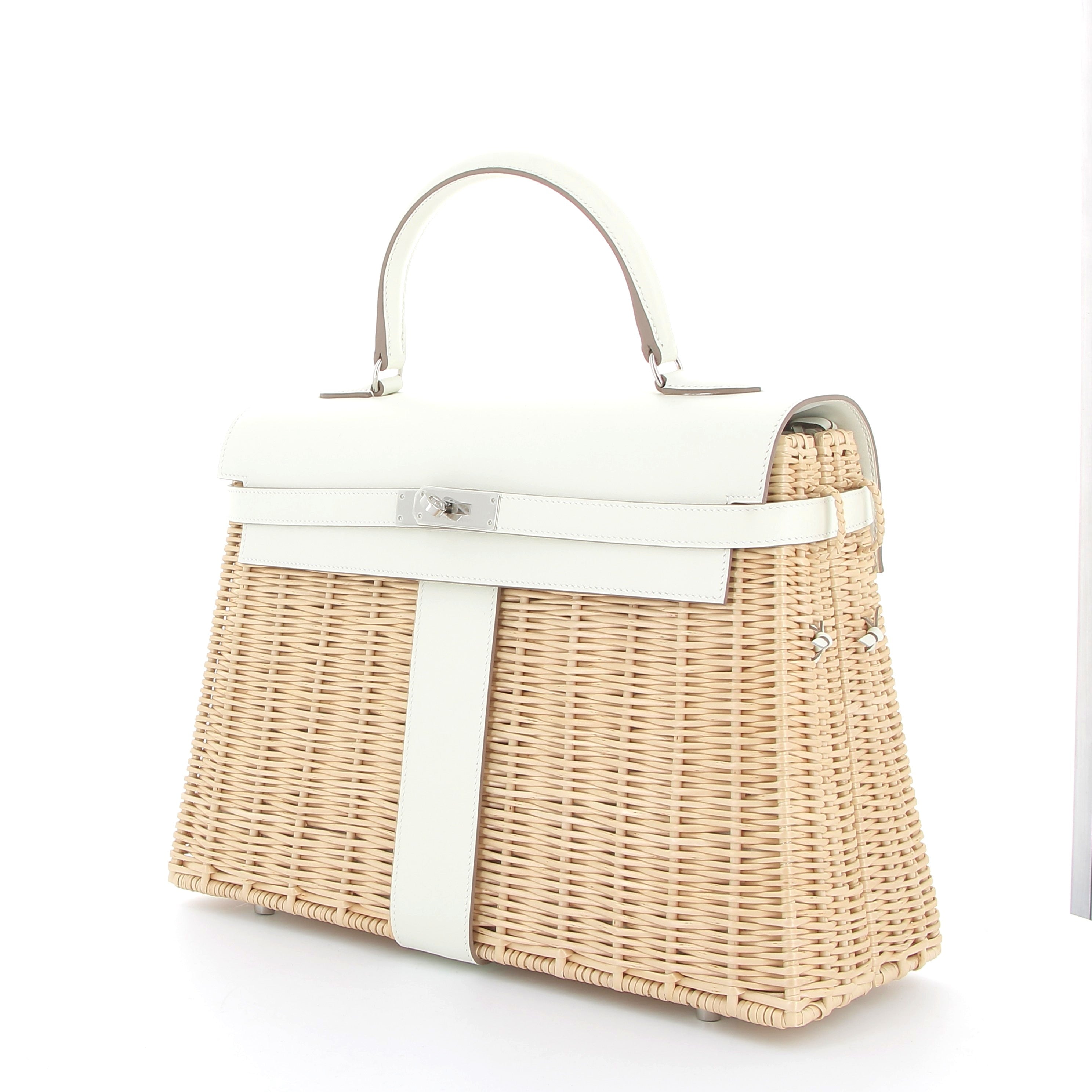 HERMES Kelly Picnic Mushroom 35cm in Wicker and Swift Leather with Palladium Finish