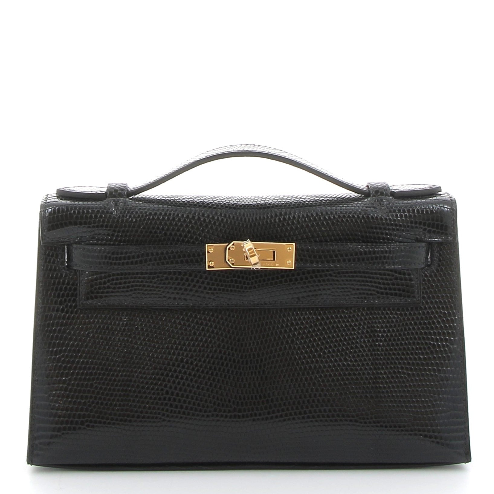 HERMES Kelly Pochette Noir Lézard Finition Or Jaune