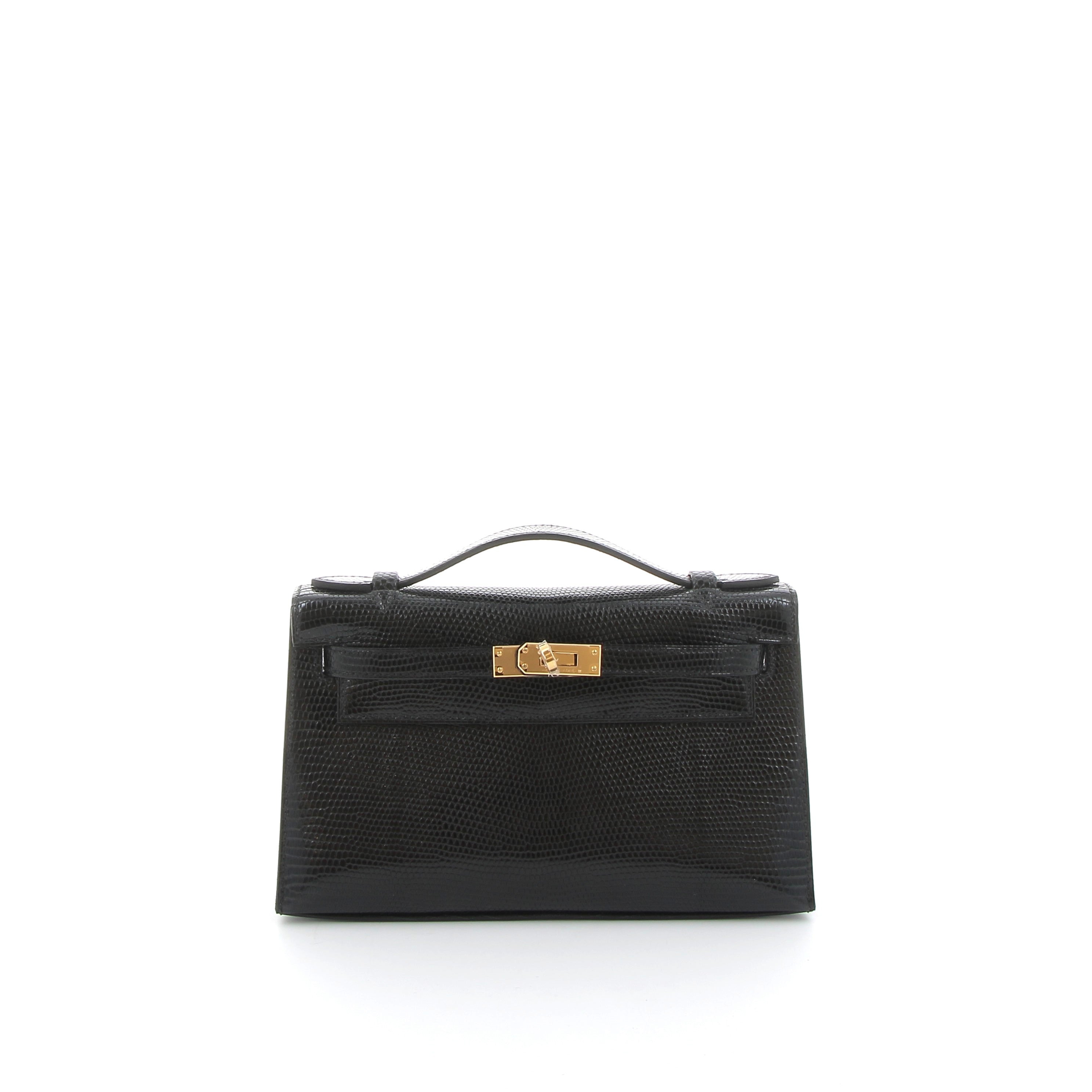 HERMES Kelly Pochette Noir Lézard Finition Or Jaune