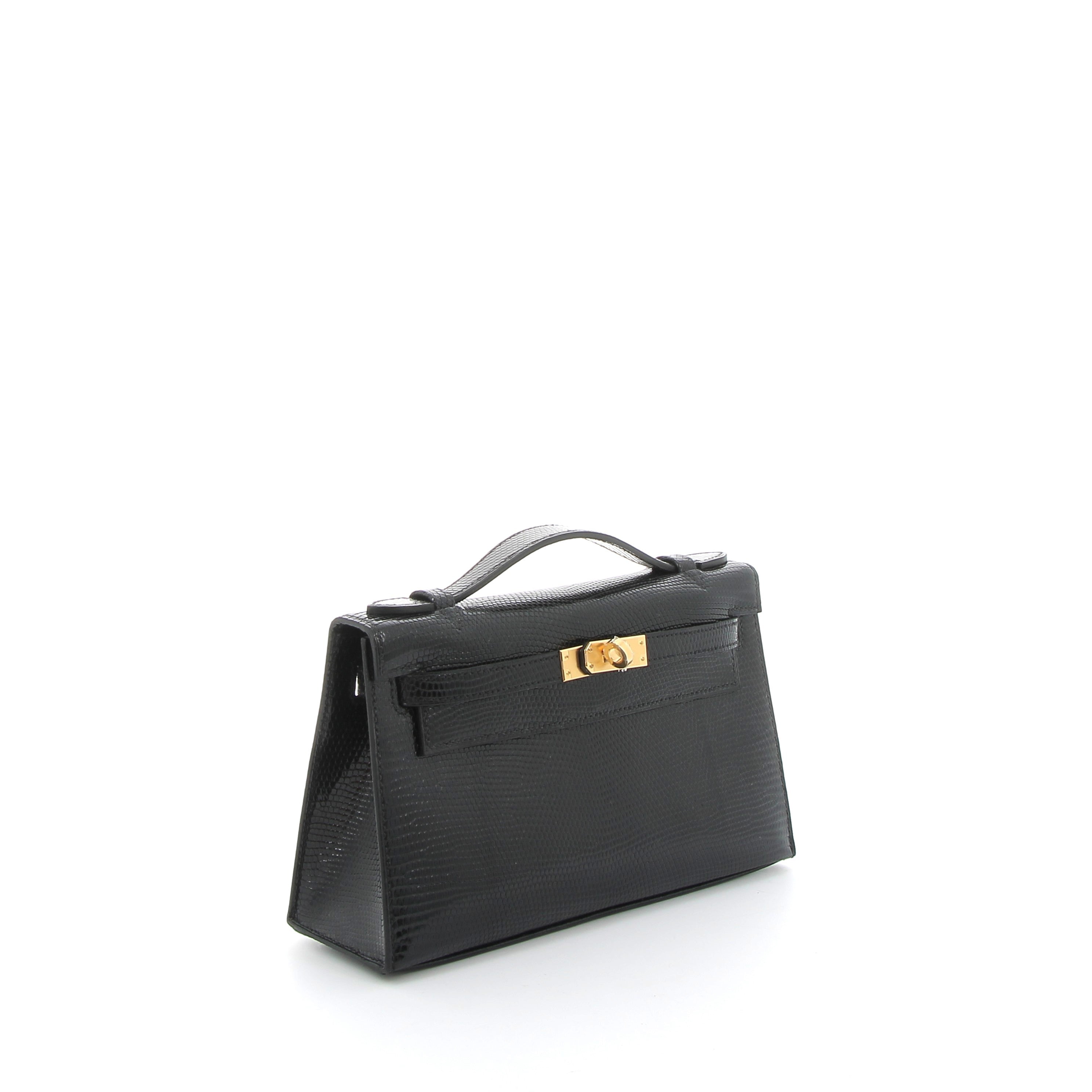 HERMES Kelly Pochette Noir Lézard Finition Or Jaune
