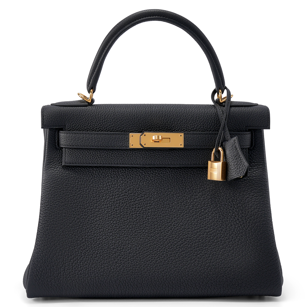 HERMES Kelly 28 Noir Cuir Togo Finition Or Jaune