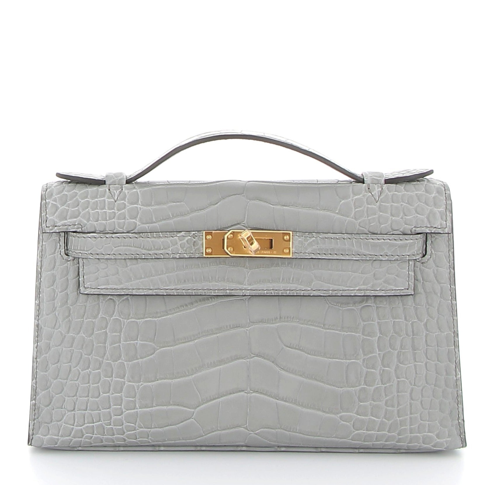 HERMES Kelly Pochette Gris Ciment Alligator Matte Finition Or Jaune