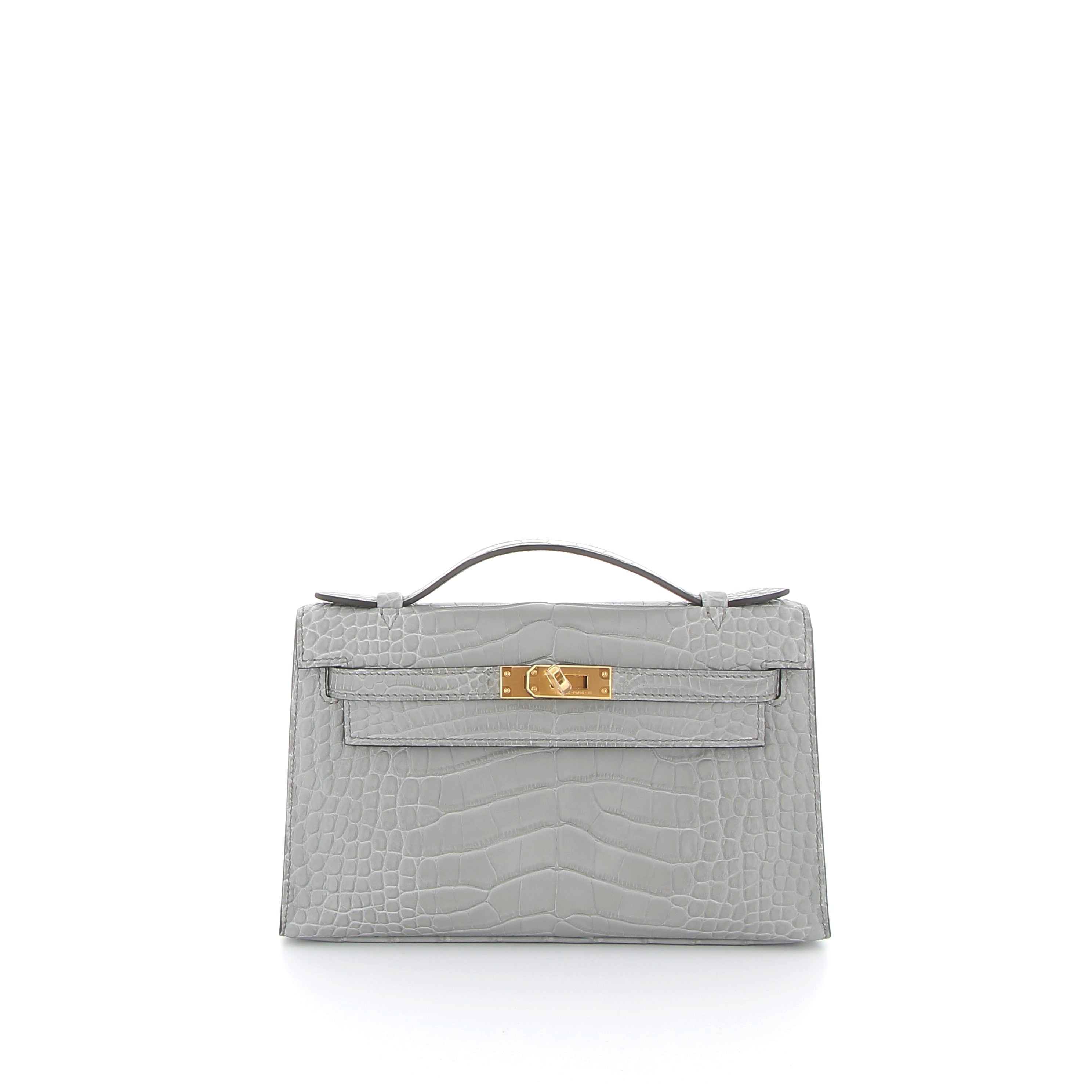 HERMES Kelly Pochette Gris Ciment Alligator Matte Finition Or Jaune