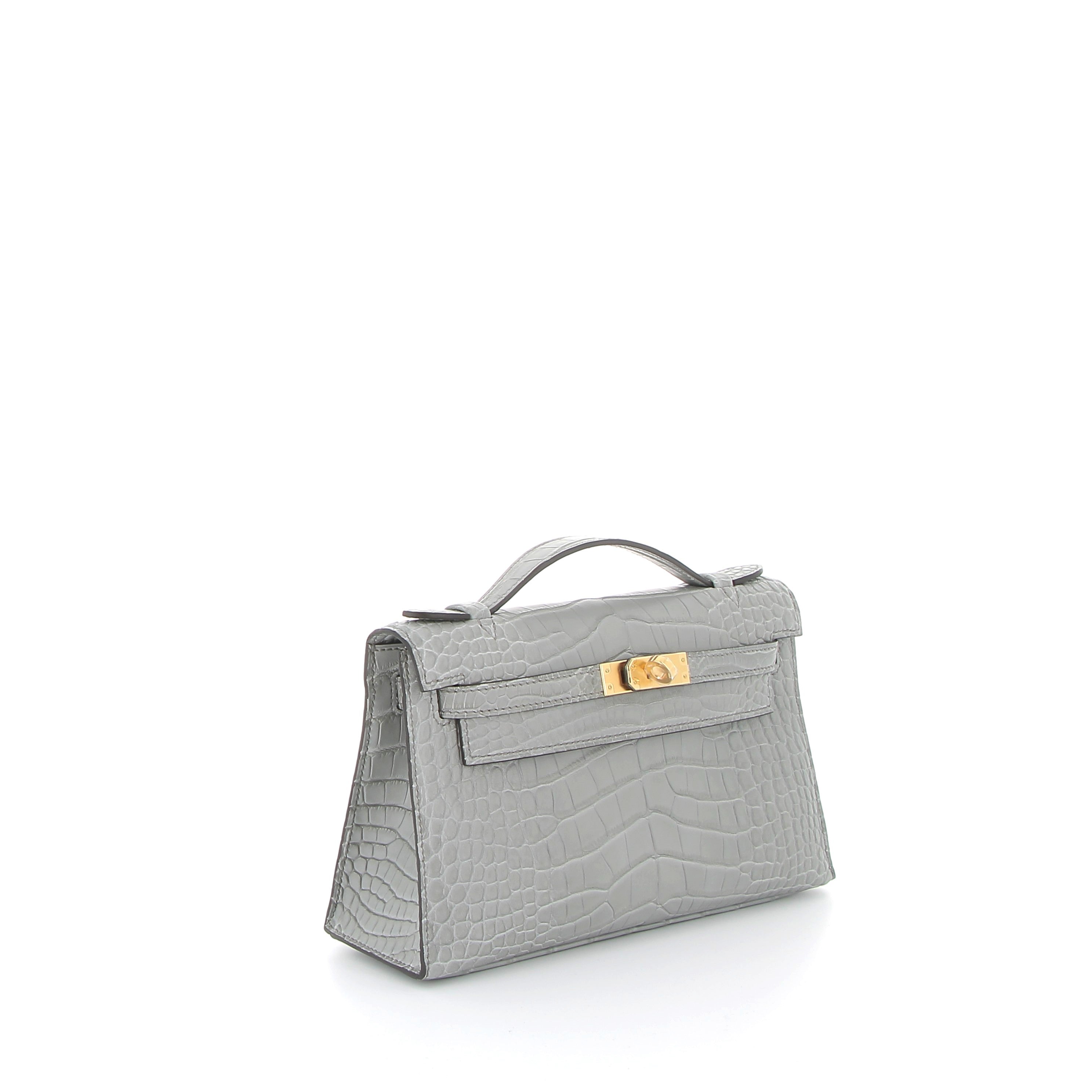 HERMES Kelly Pochette Gris Ciment Alligator Matte Finition Or Jaune