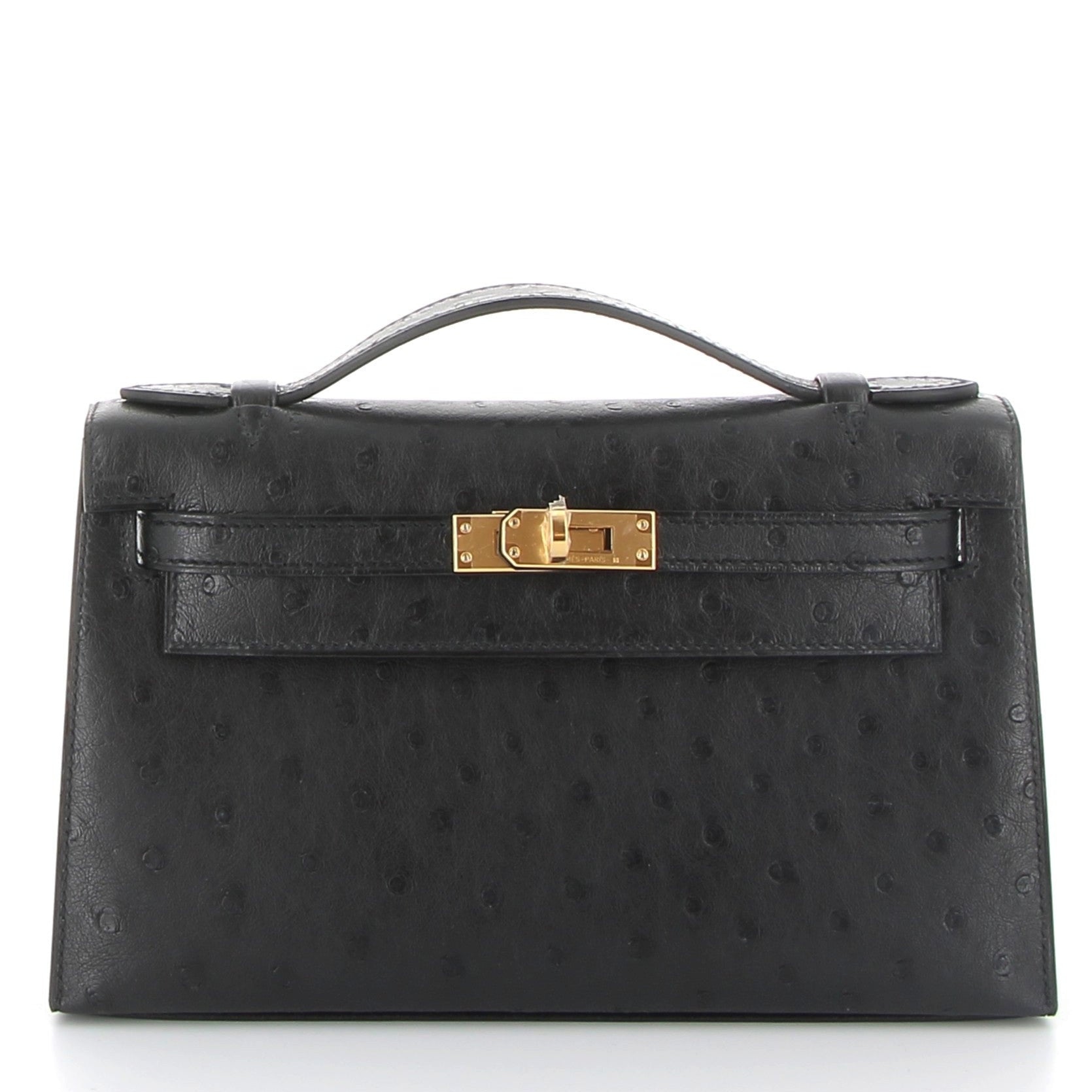 HERMES Kelly Pochette Noir Autruche Finition Or Jaune