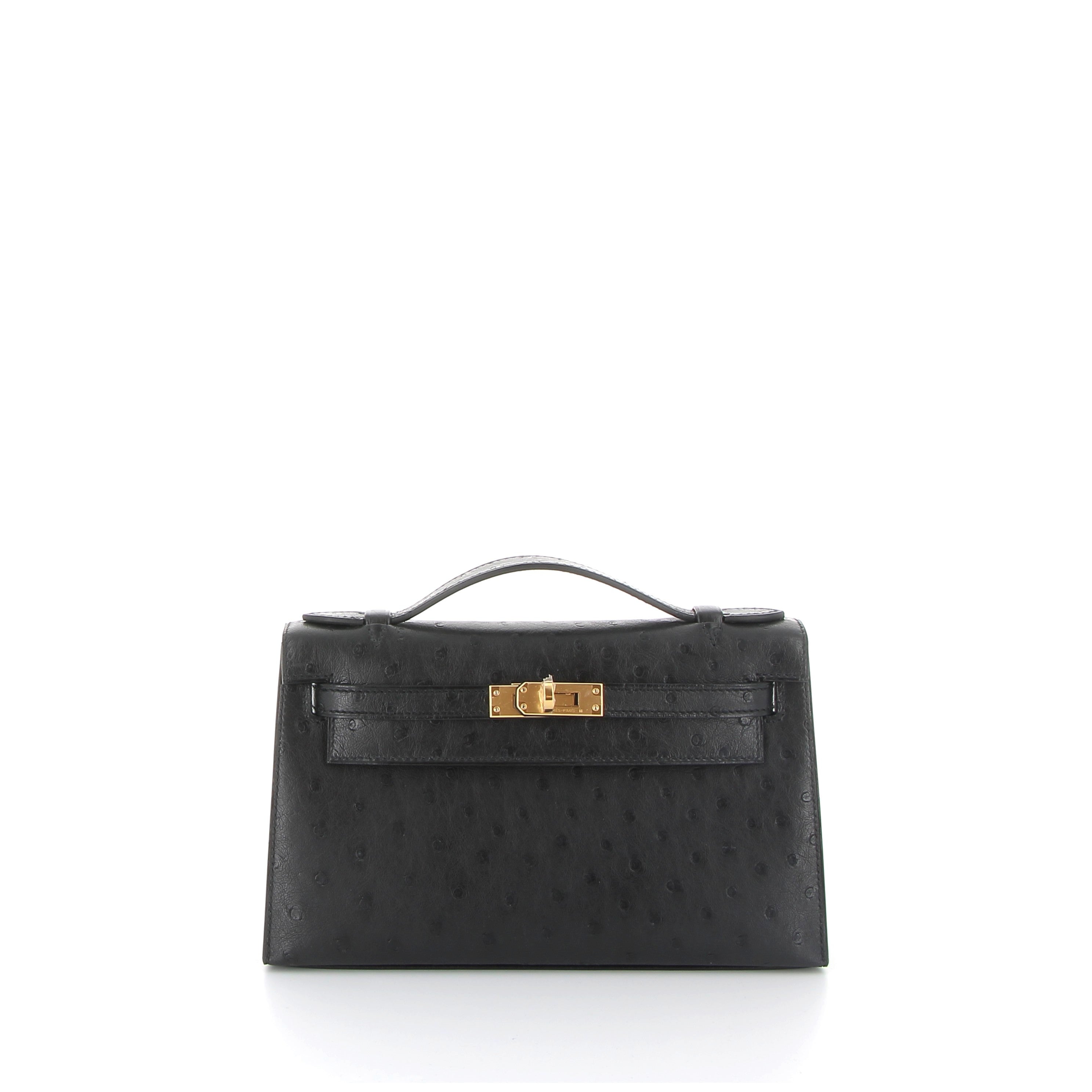 HERMES Kelly Pochette Noir Autruche Finition Or Jaune
