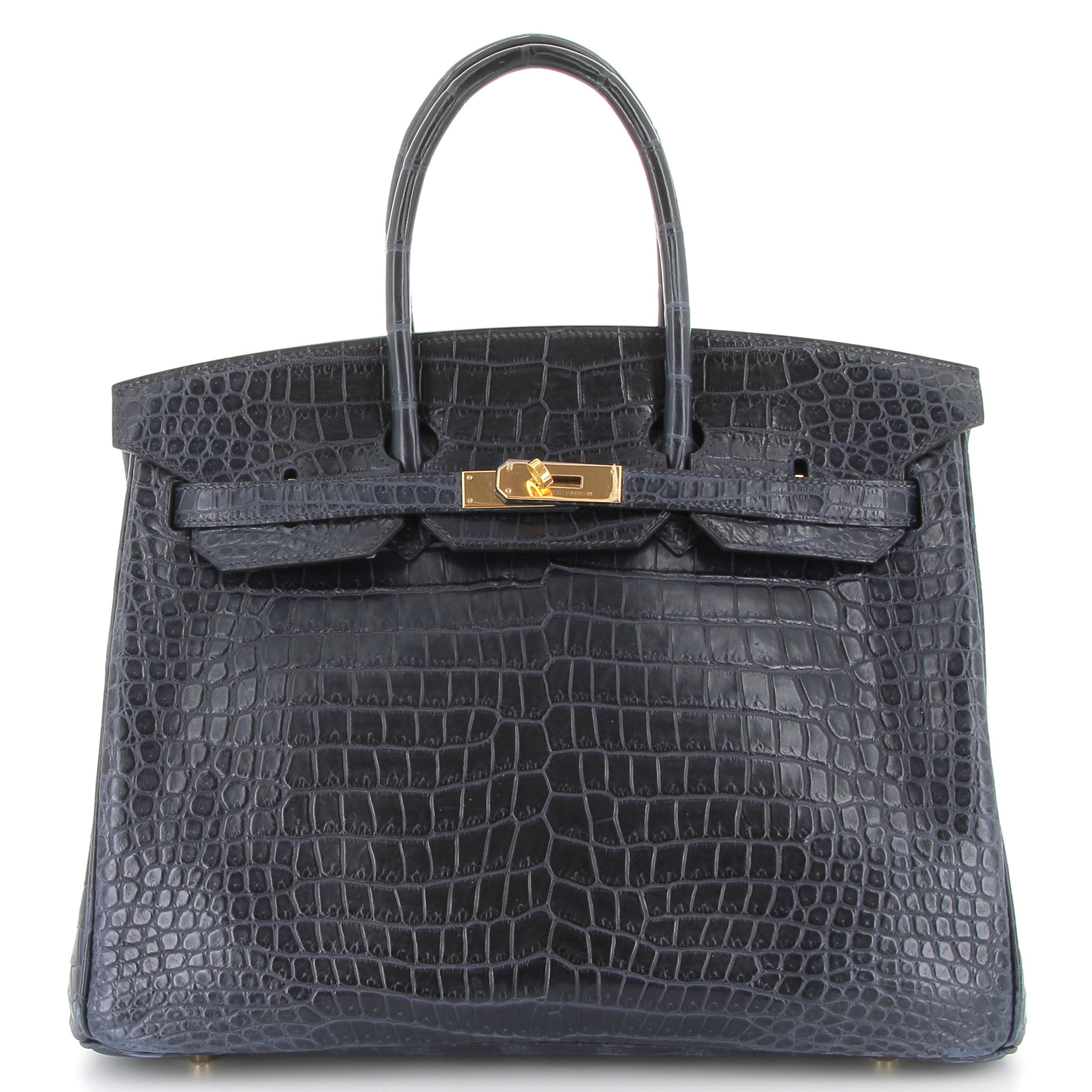 HERMES Birkin 35 Bleu Marine Crocodile Finition Or Jaune