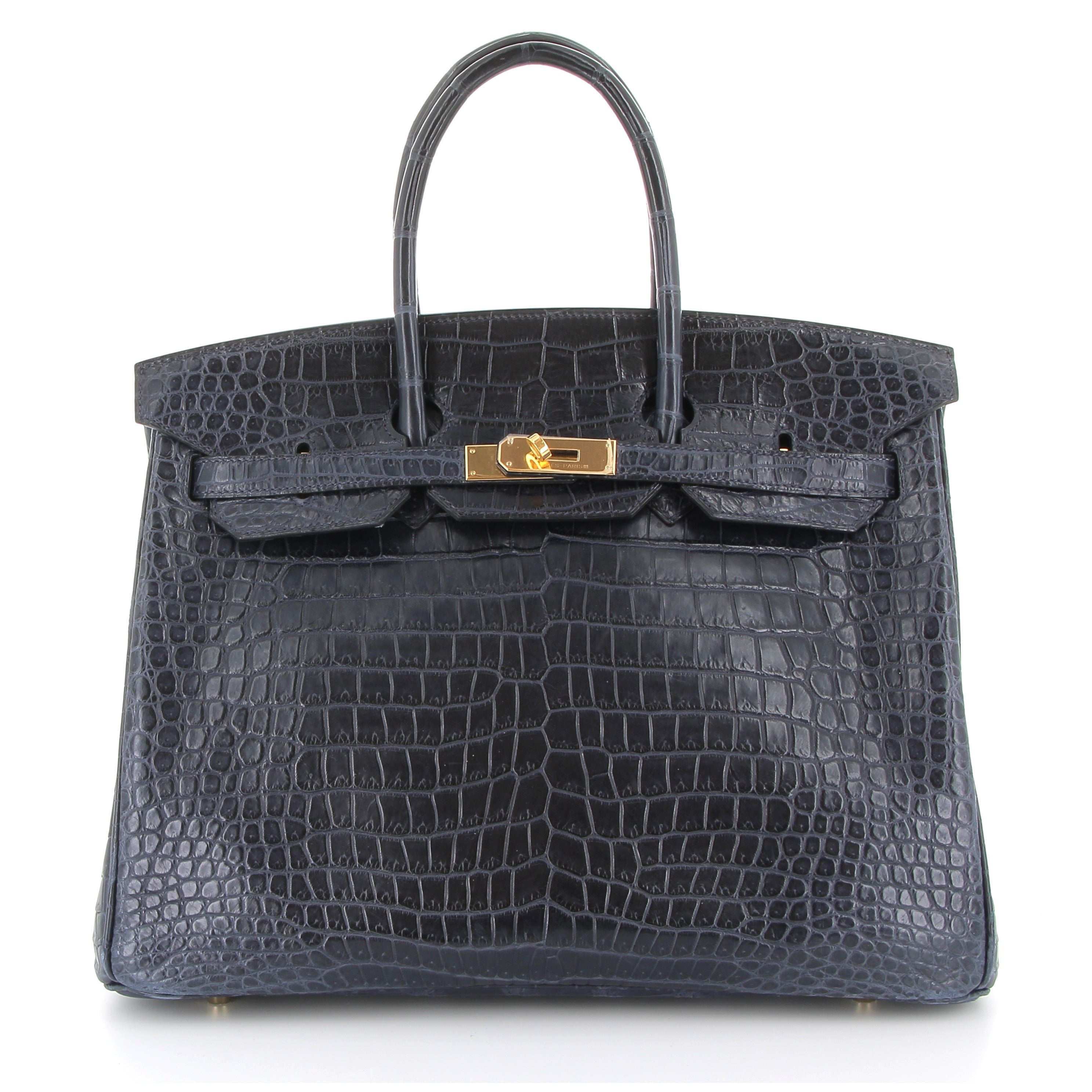 HERMES Birkin 35 Bleu Marine Crocodile Finition Or Jaune