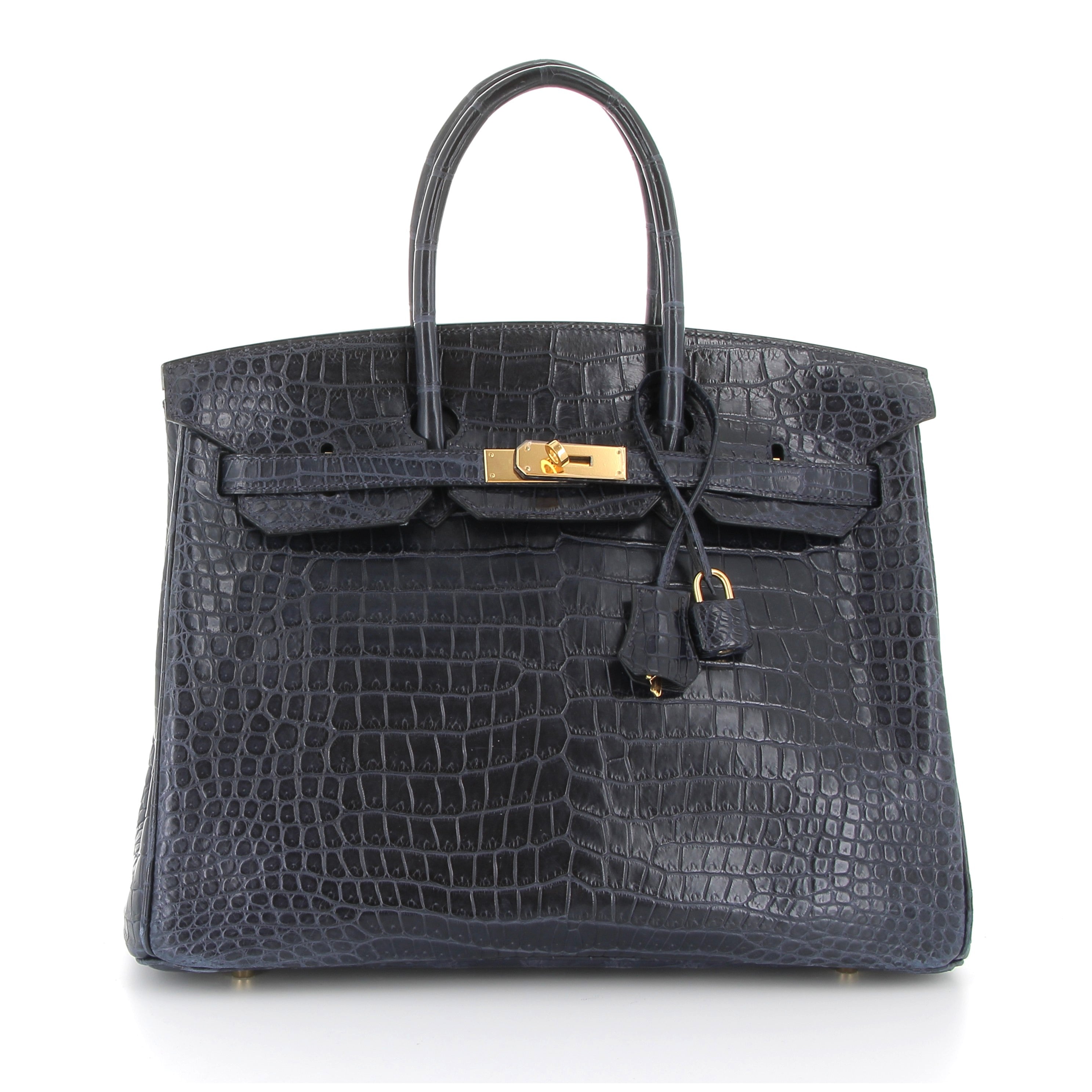 HERMES Birkin 35 Bleu Marine Crocodile Finition Or Jaune