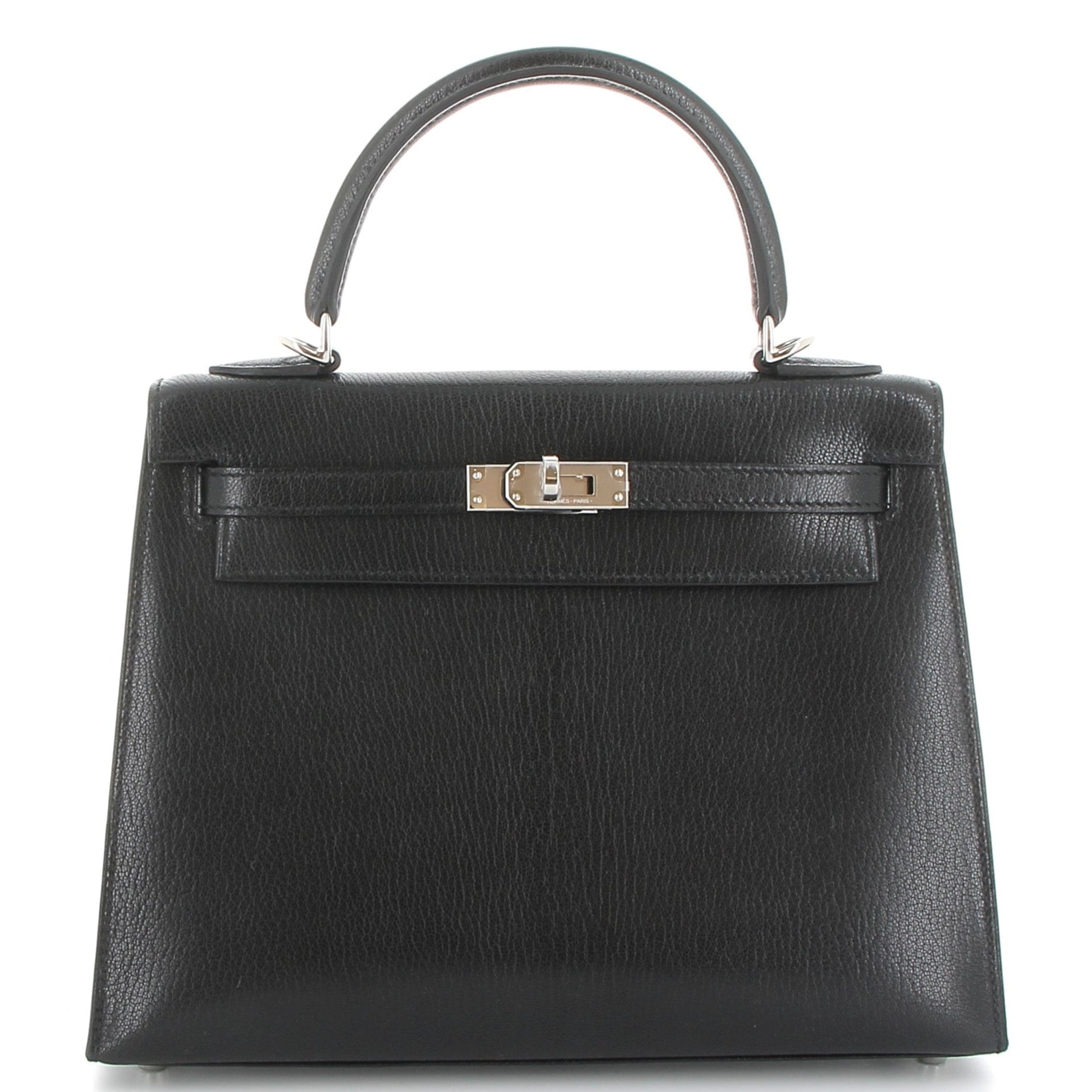 HERMES Kelly 25 Noir Cuir Chèvre Finition Palladié