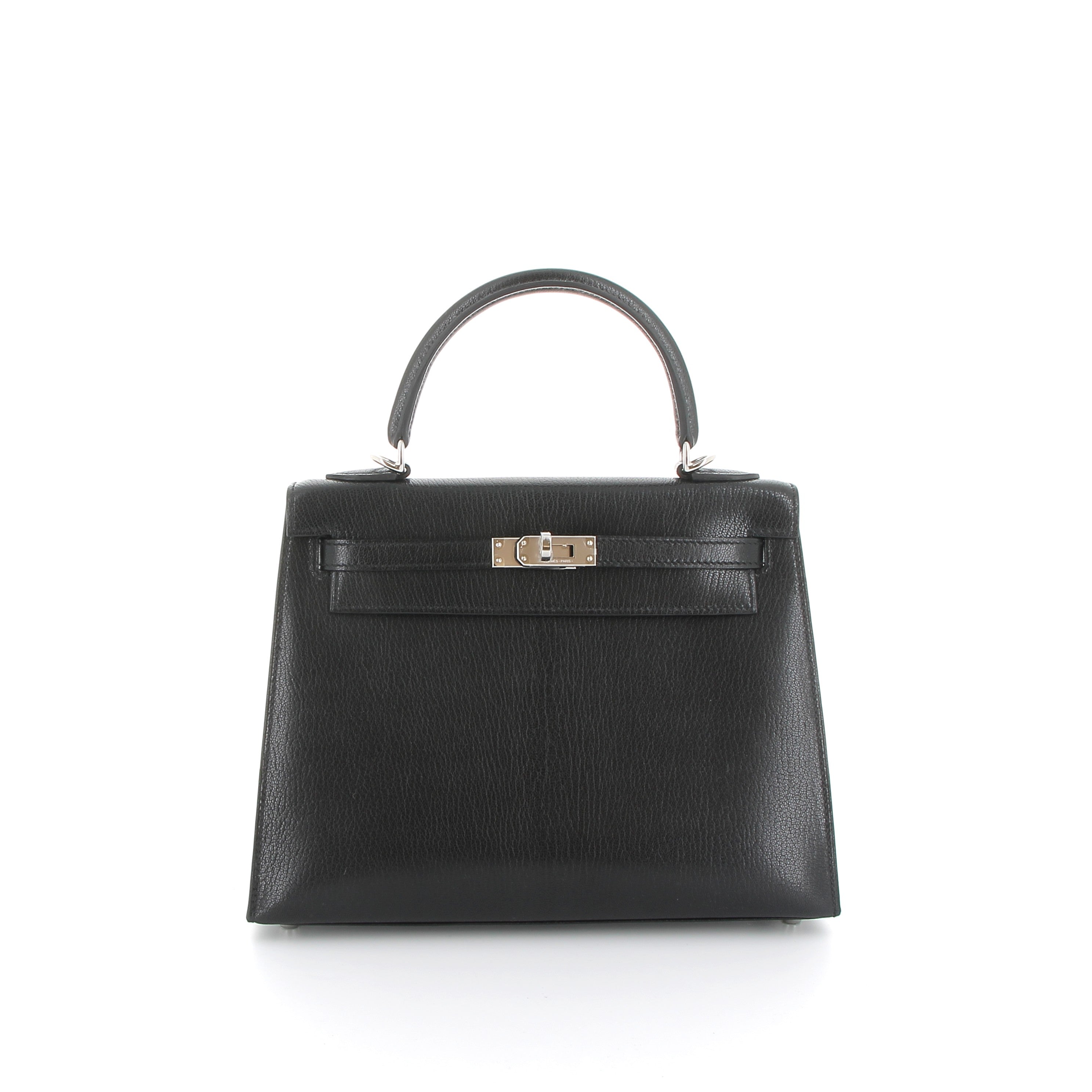 HERMES Kelly 25 Noir Cuir Chèvre Finition Palladié