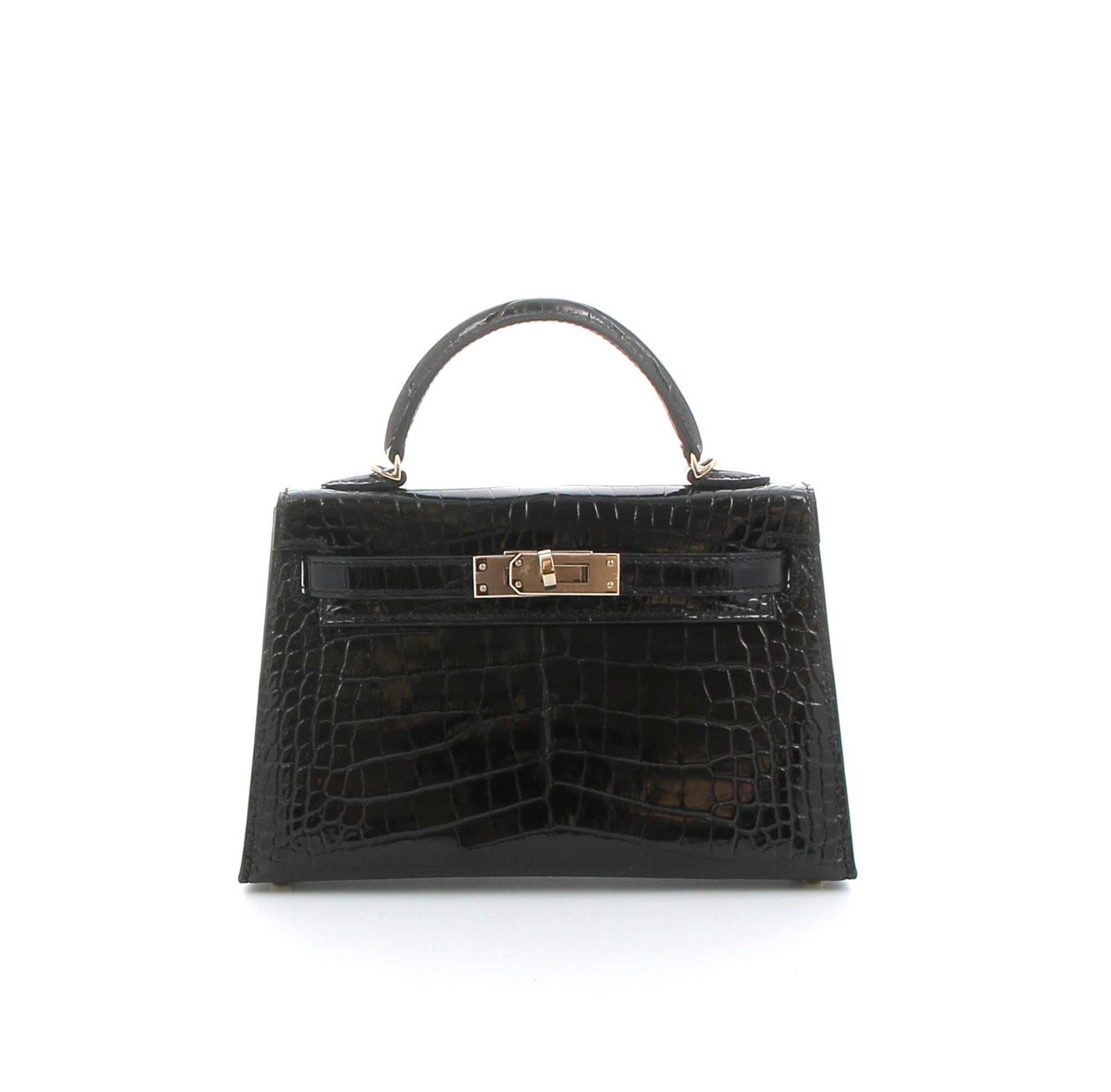 HERMES Kelly 20 Noir Crocodile Niloticus Finition Or Jaune