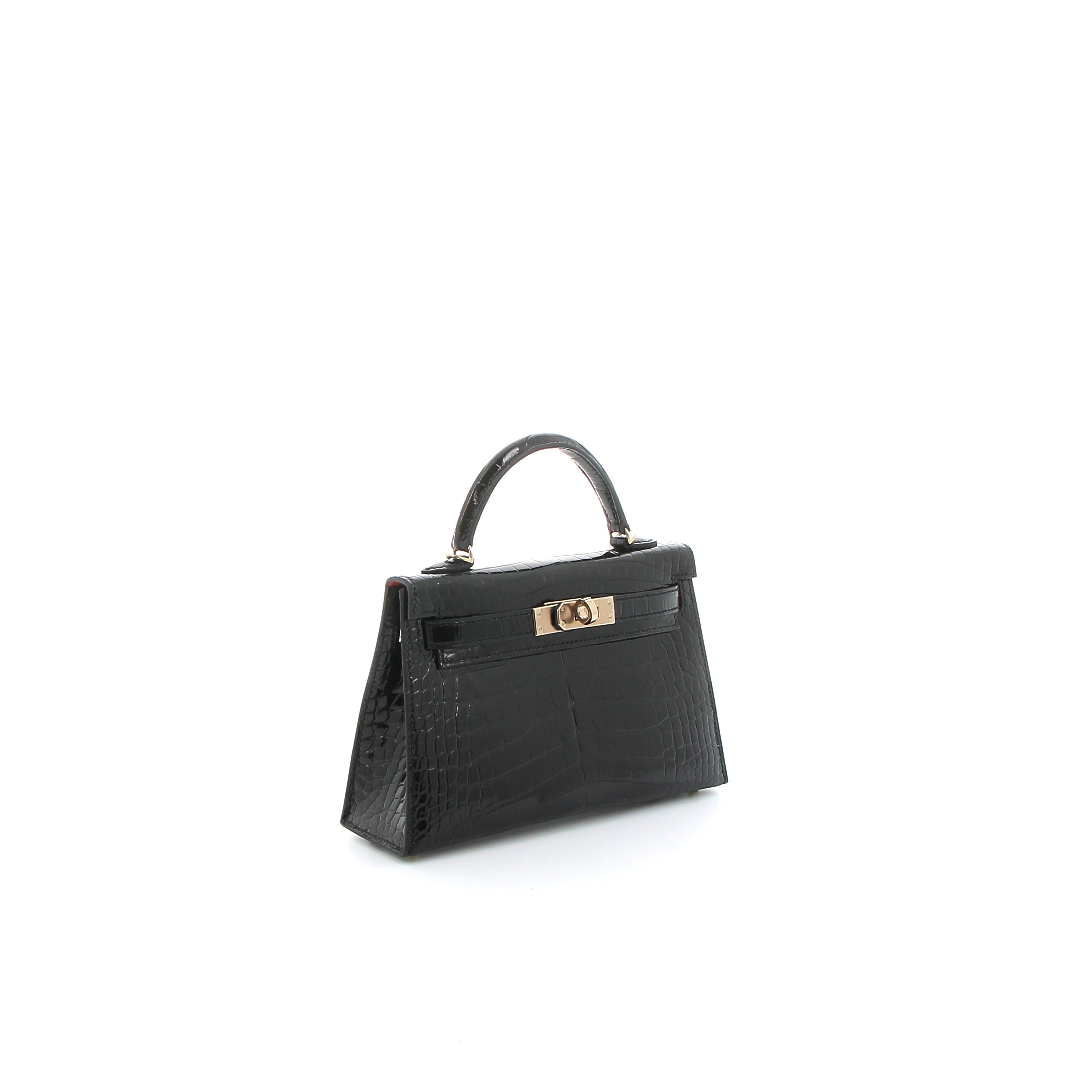 HERMES Kelly 20 Noir Crocodile Niloticus Finition Or Jaune