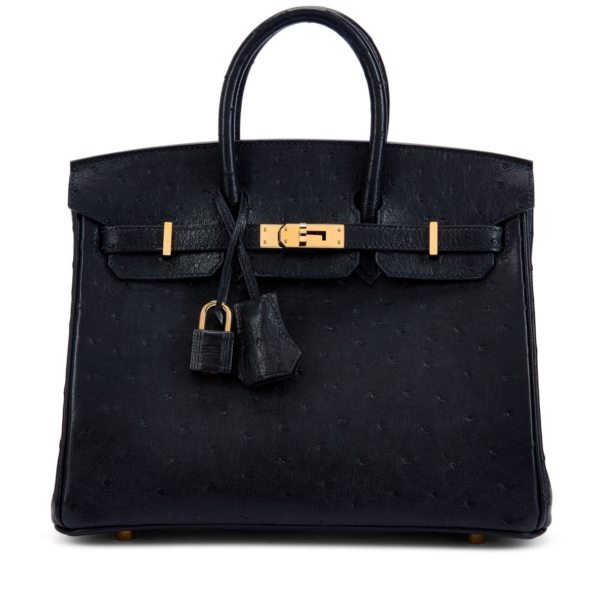 HERMES BIRKIN 25 NOIR AUTRUCHE FINITION OR JAUNE