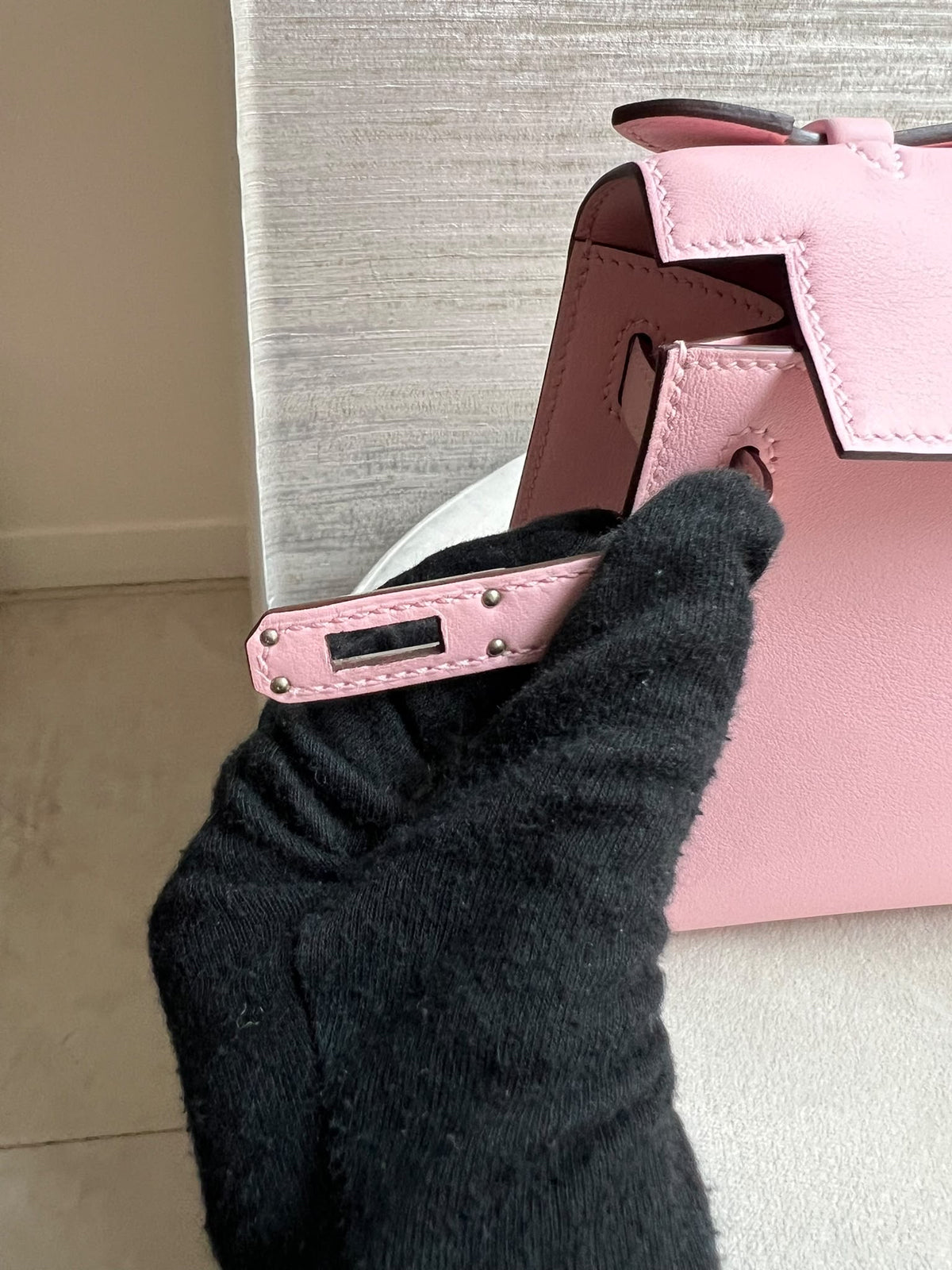 HERMÈS KELLY POCHETTE SWIFT ROSE SAKURA FINITION PALLADIÉE
