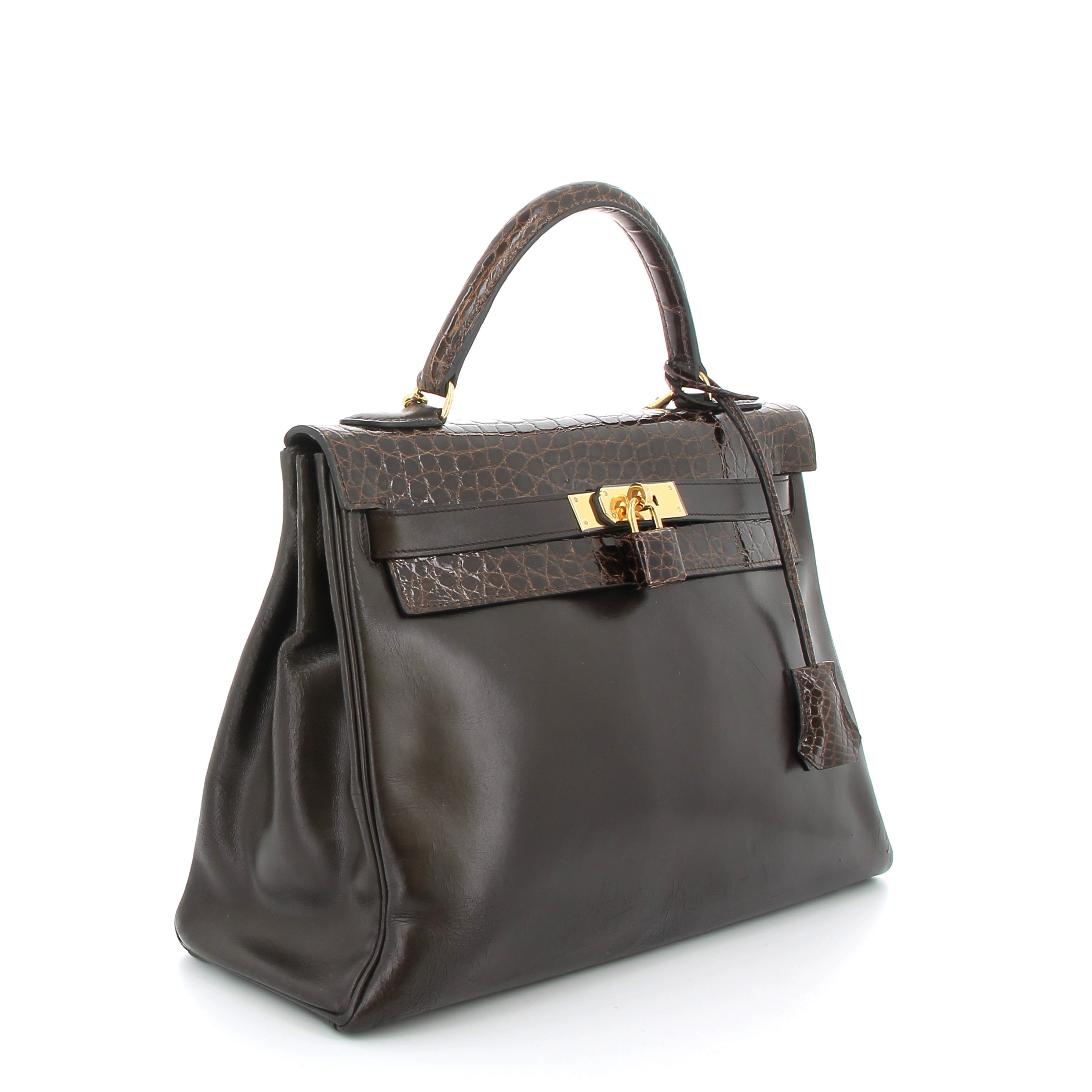 HERMES Preowned Kelly 32 Marron Box / Crocodile
