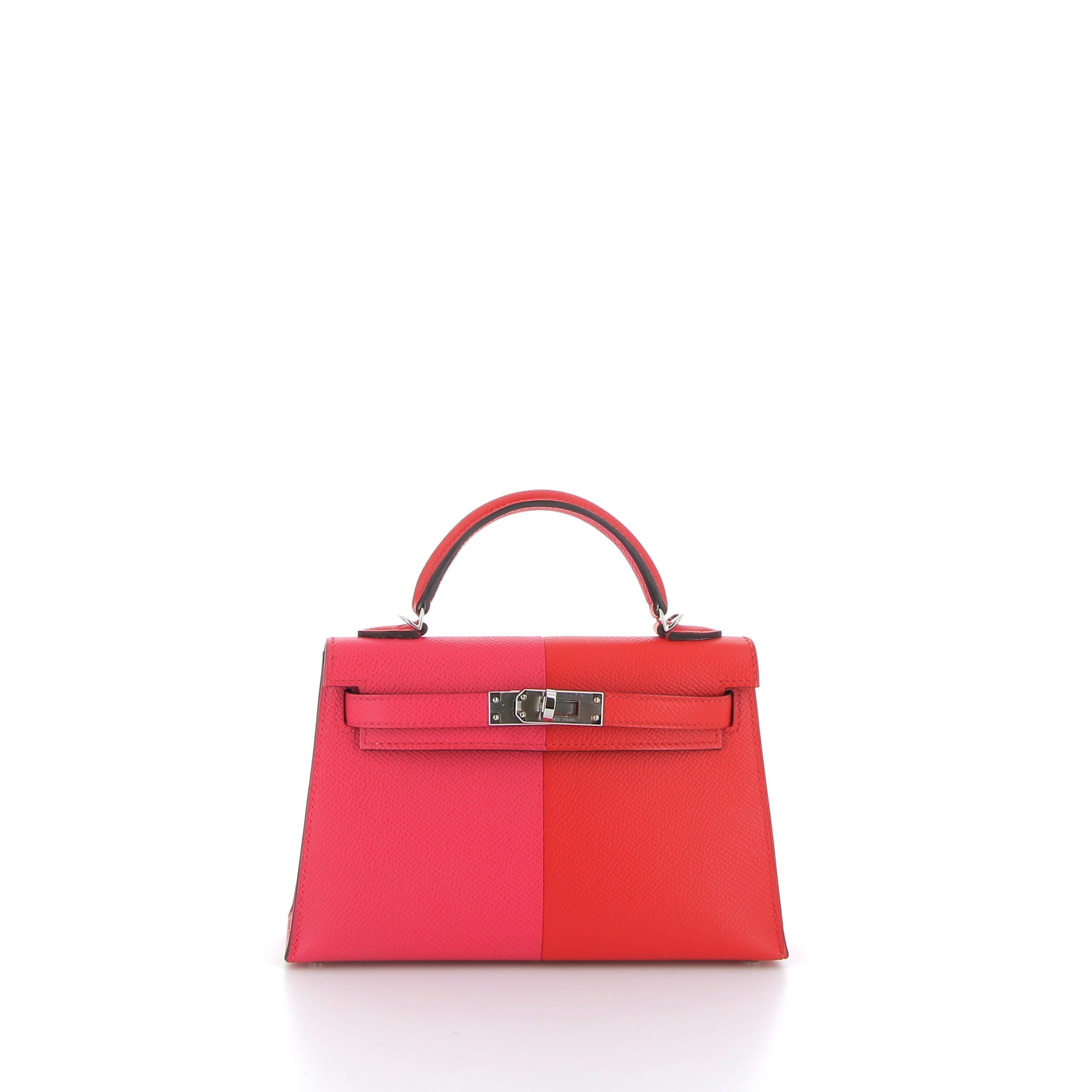 HERMÈS Kelly 20 Epsom Rose Extreme / Rouge de Coeur / Blue Zanzibar