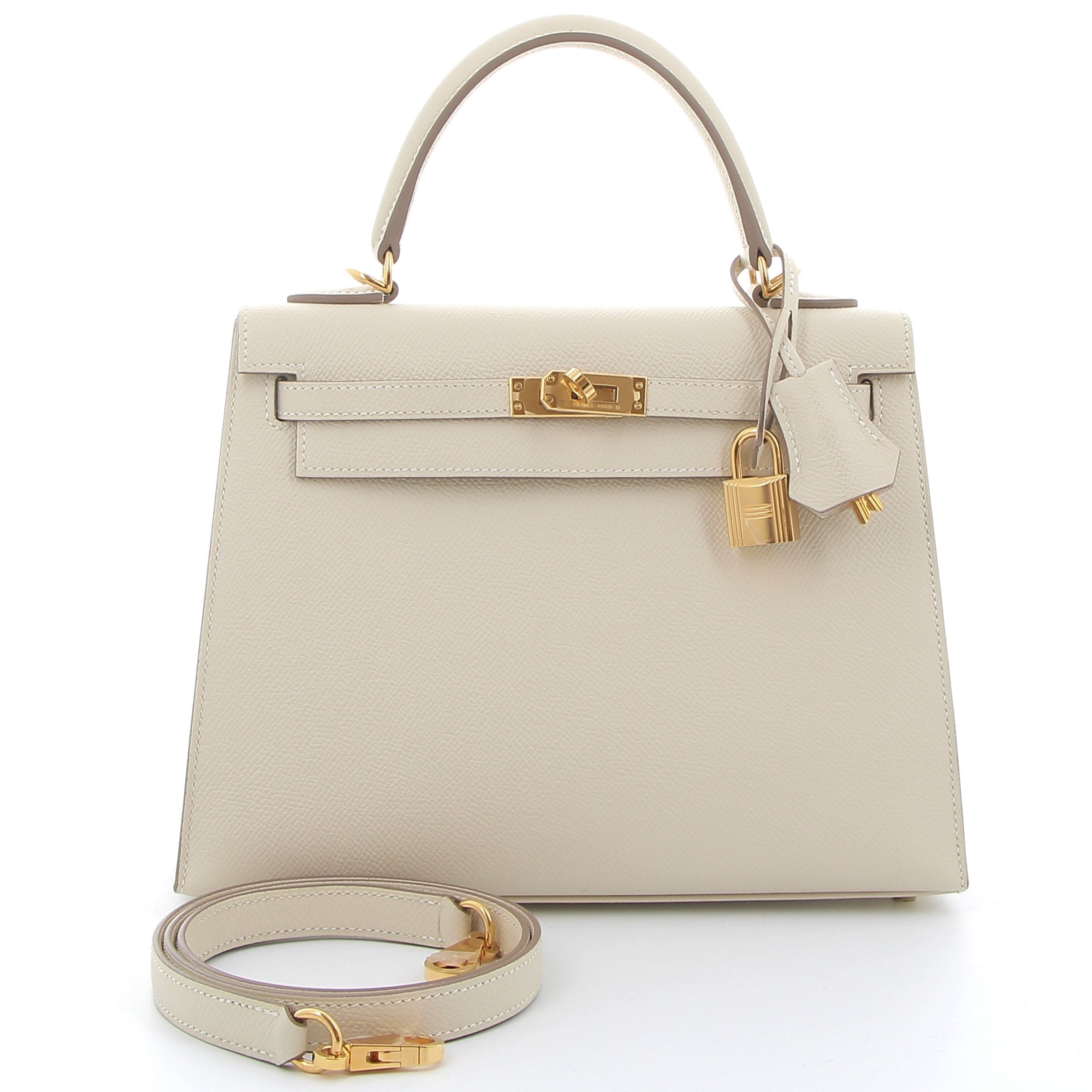 HERMES Kelly 25 Craie Cuir Epsom Finition Or Jaune
