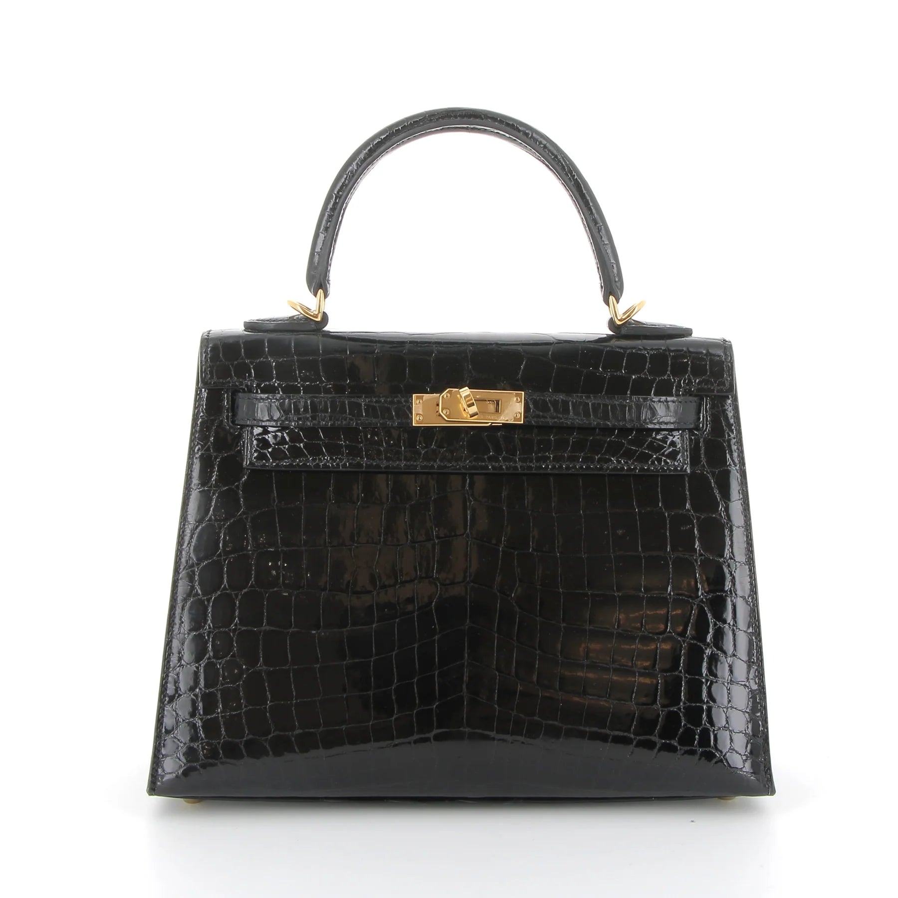 HERMES Kelly 25 Noir Crocodile Niloticus Lisse Finition Or