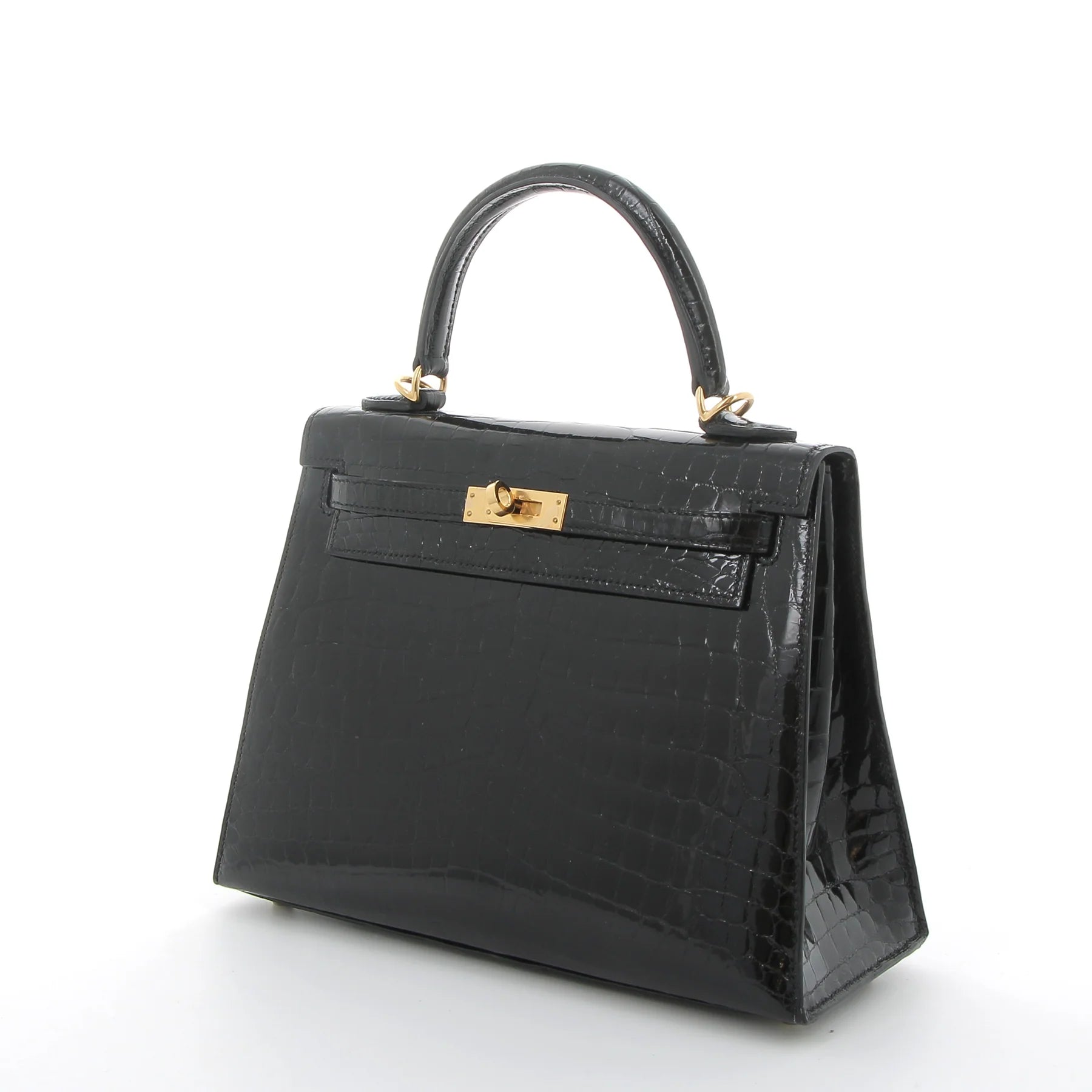 HERMES Kelly 25 Noir Crocodile Niloticus Lisse Finition Or
