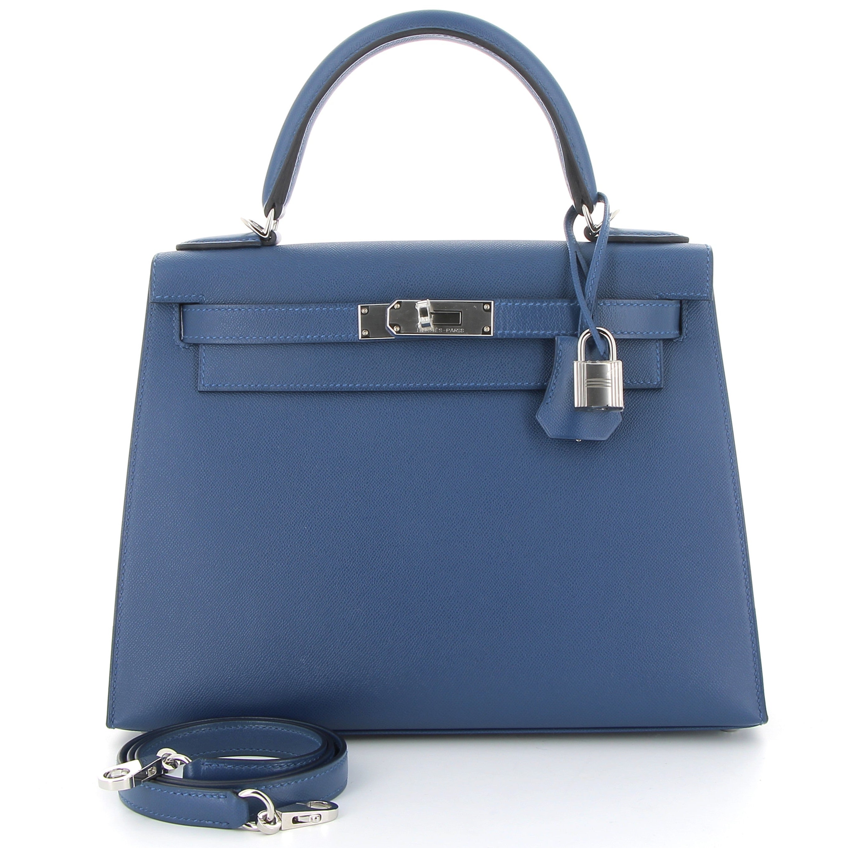 HERMES Kelly 28 Bleu Tie Cuir Veau Madame Finition Palladié