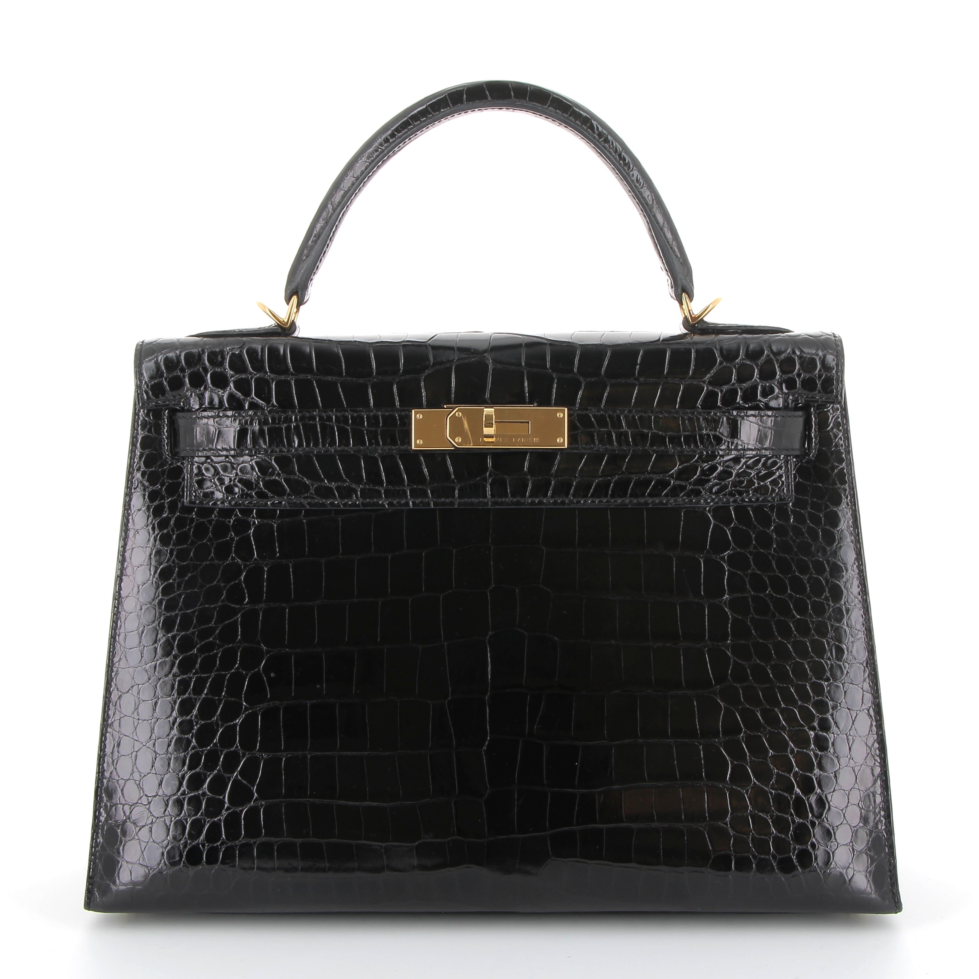 HERMES Kelly 32 Noir Sellier Crocodile Porosus Finition Or Jaune