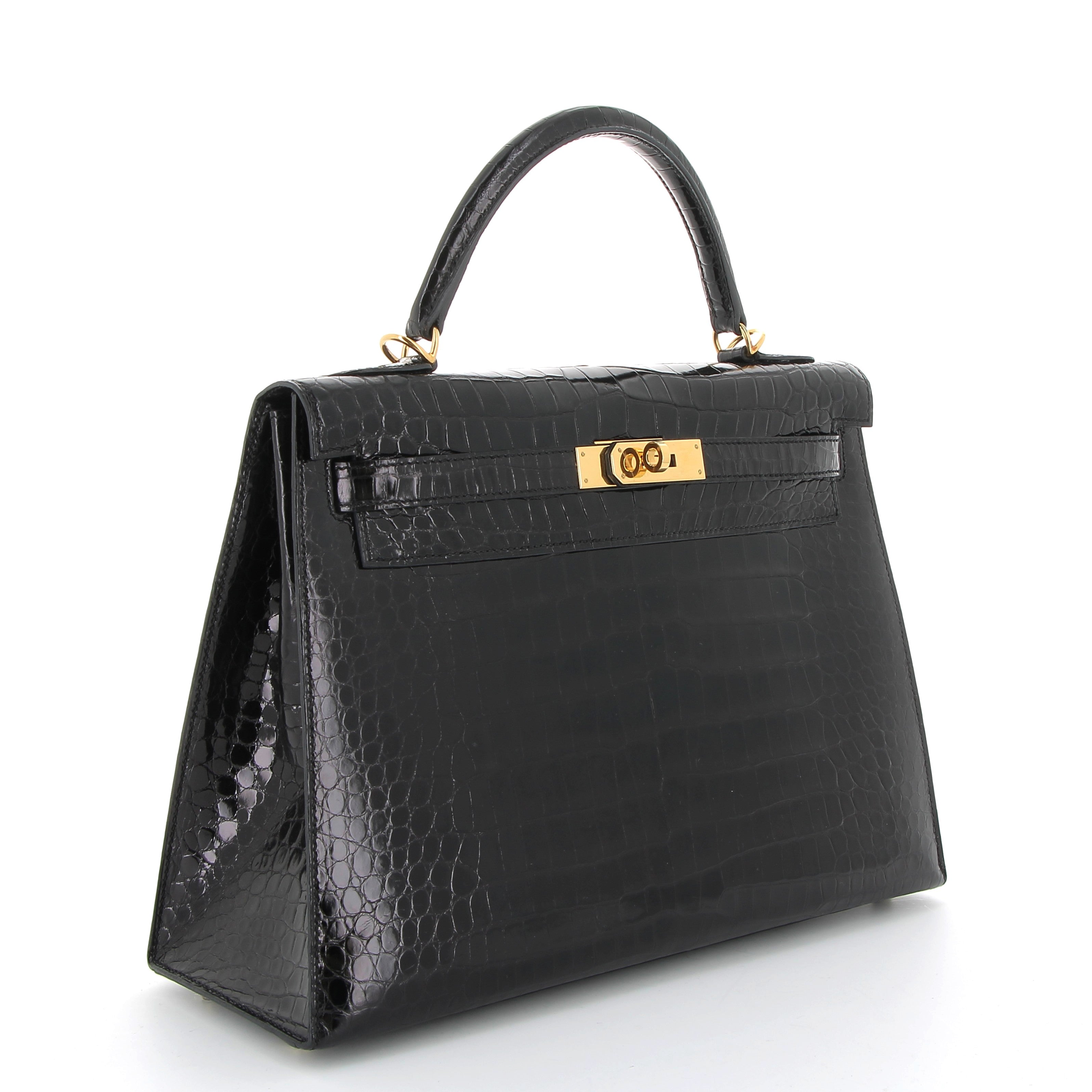 HERMES Kelly 32 Noir Sellier Crocodile Porosus Finition Or Jaune