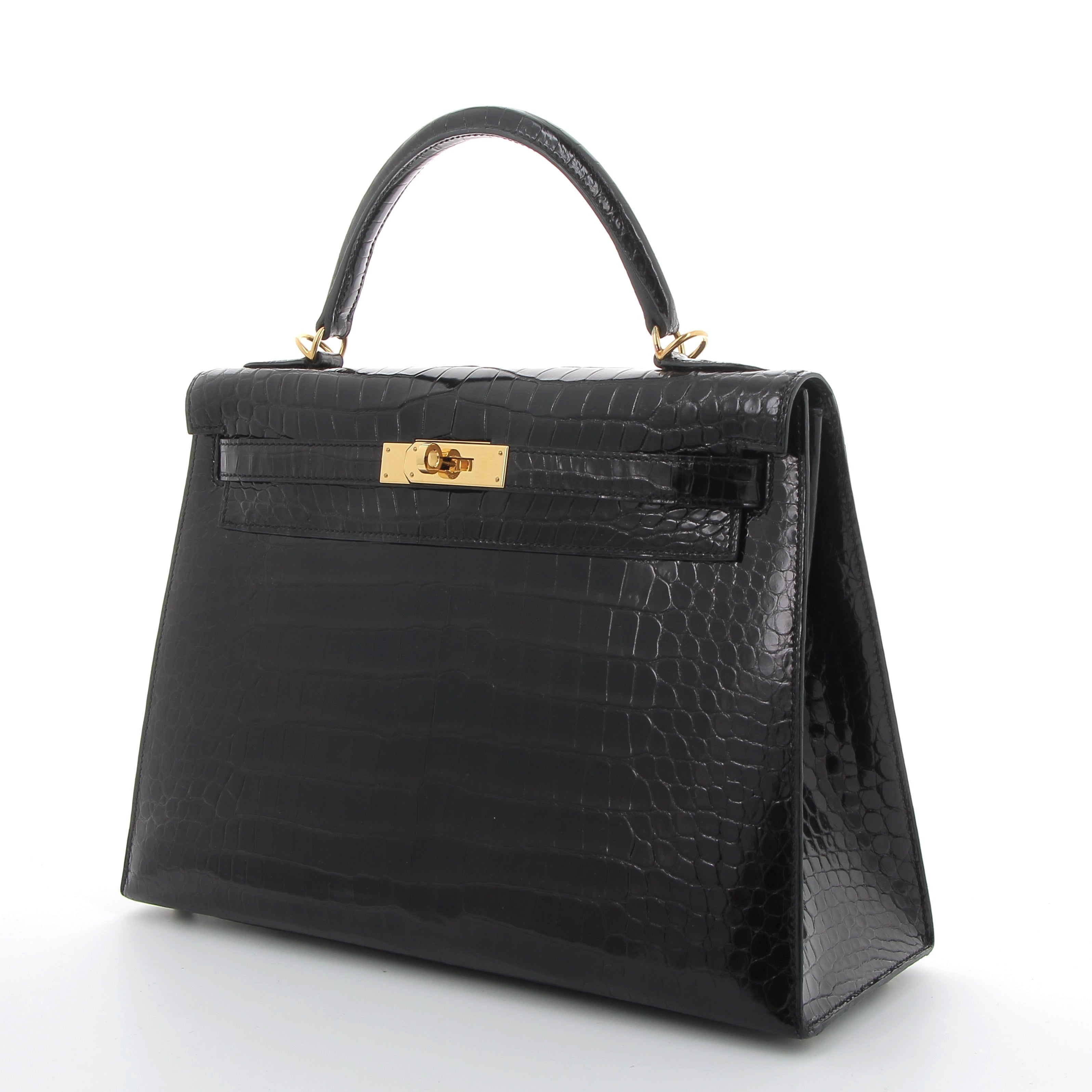 HERMES Kelly 32 Noir Sellier Crocodile Porosus Finition Or Jaune
