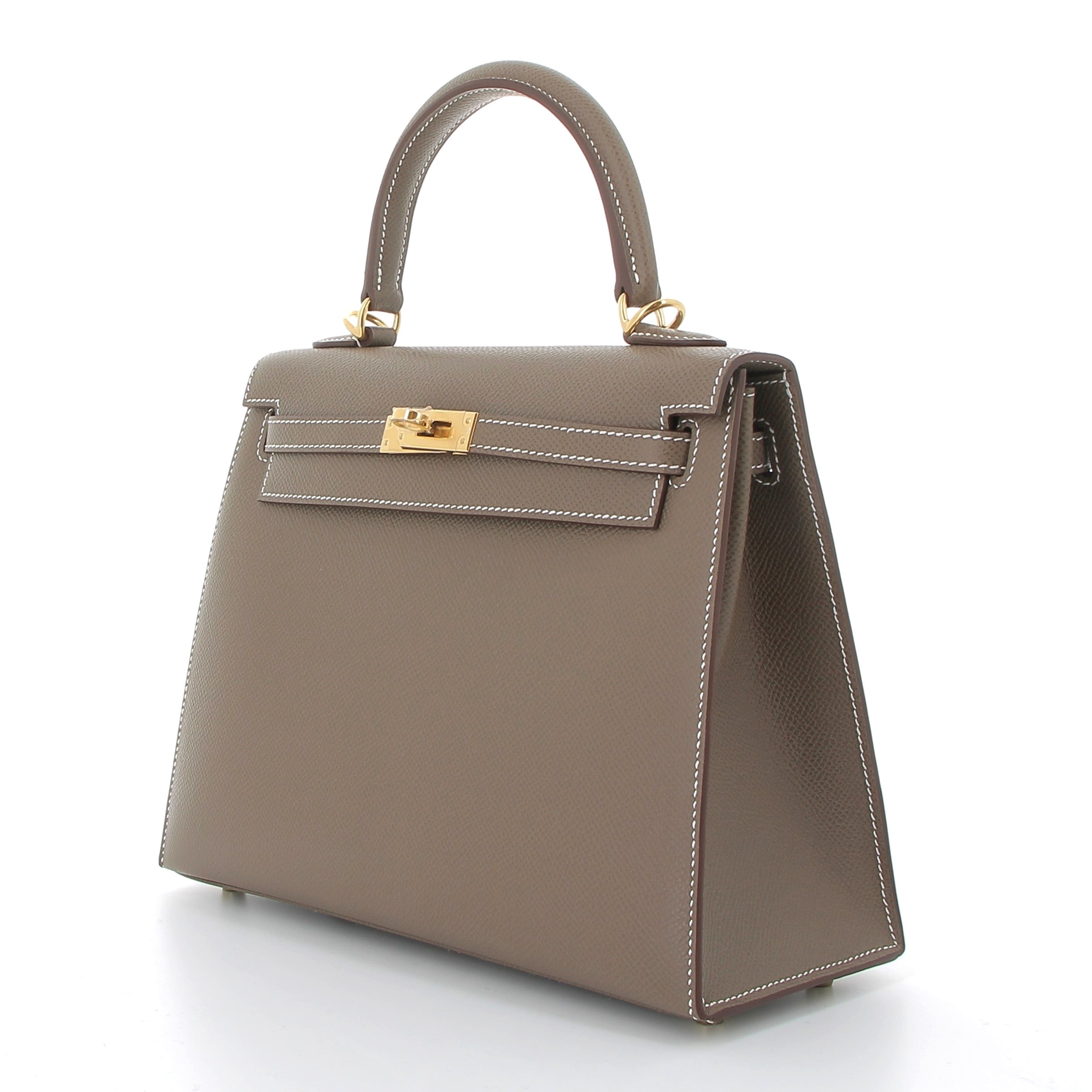 HERMES Kelly 25 Sellier Etoupe Cuir Epsom Finition Or Jaune
