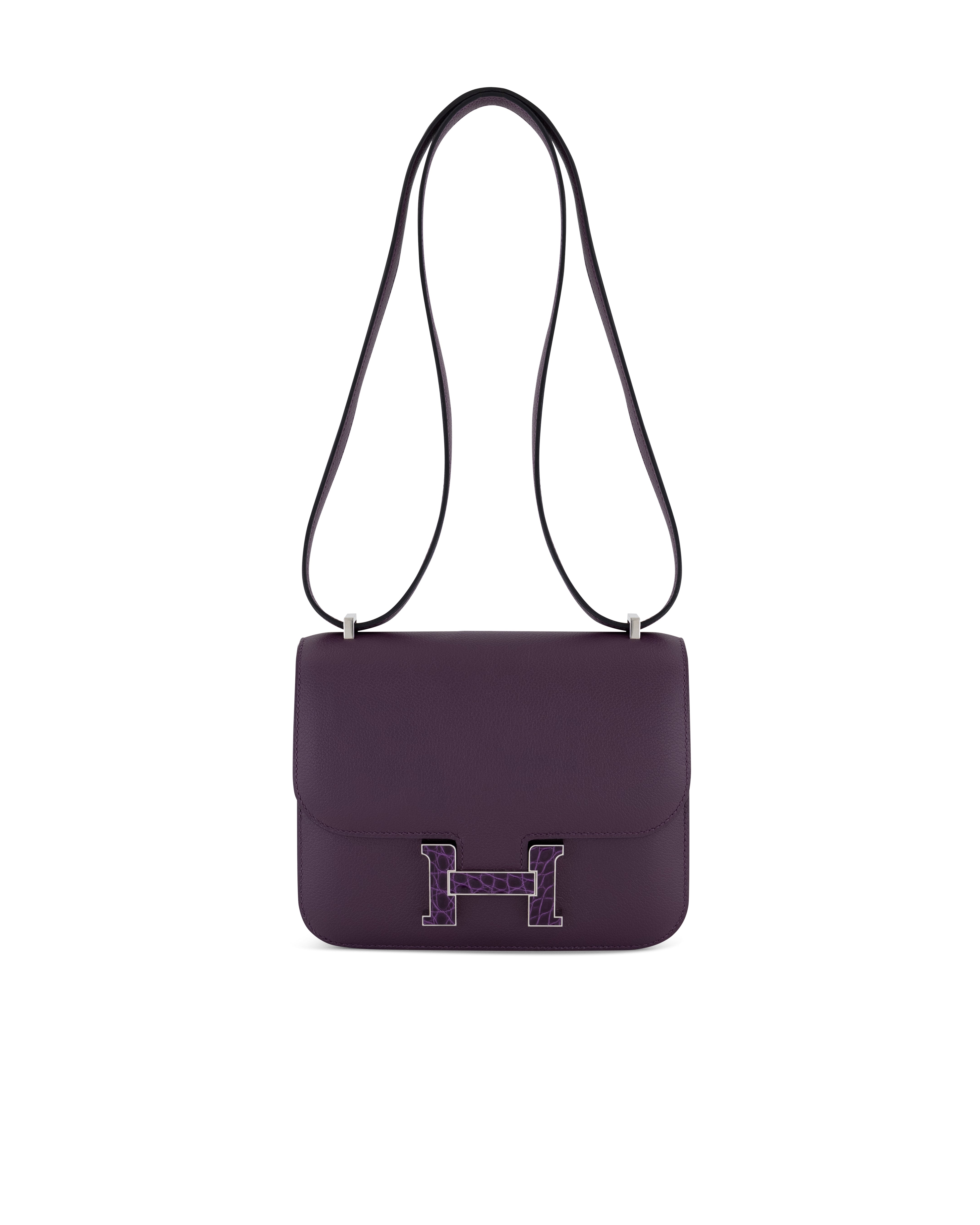 Hermès Constance 18cm in Cassis Evercolor & Alligator Missisipiensis with Palladium Hardware