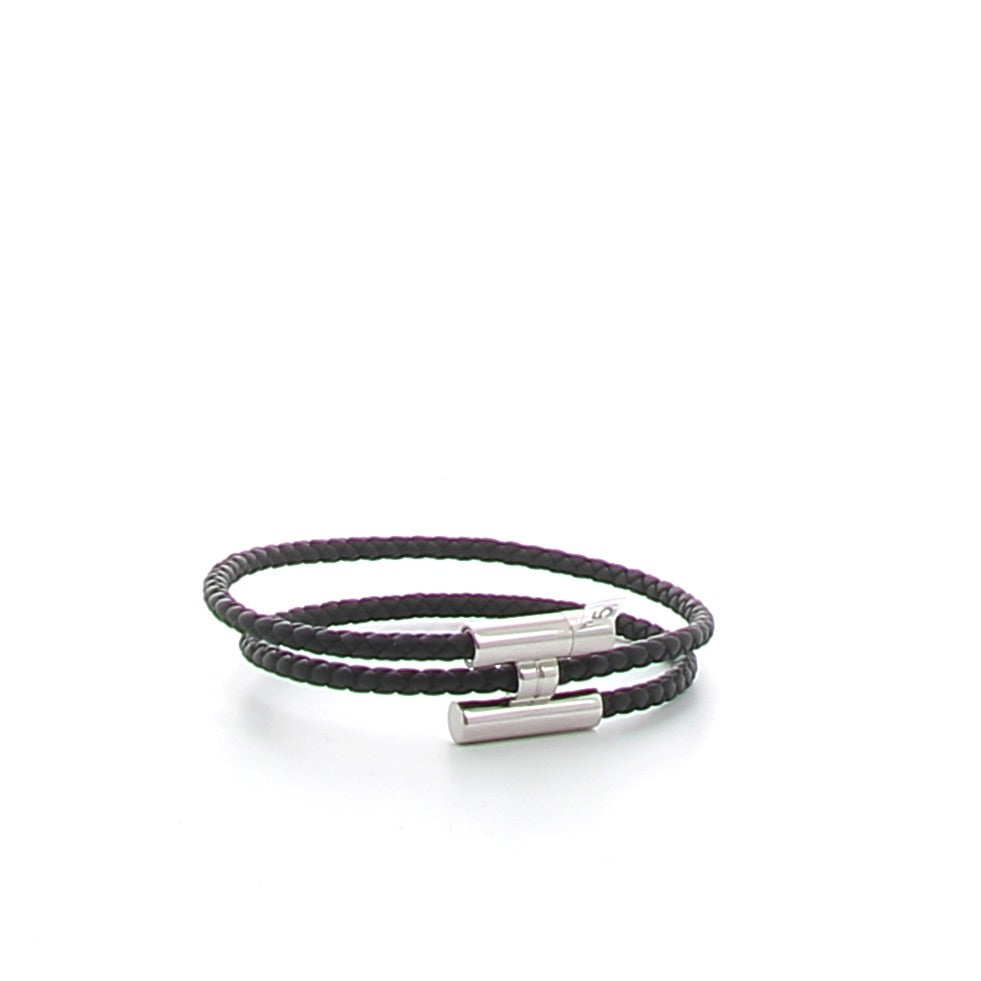 HERMES Bracelet Tournis Tressé Noir Cuir Swift Finition Palladié