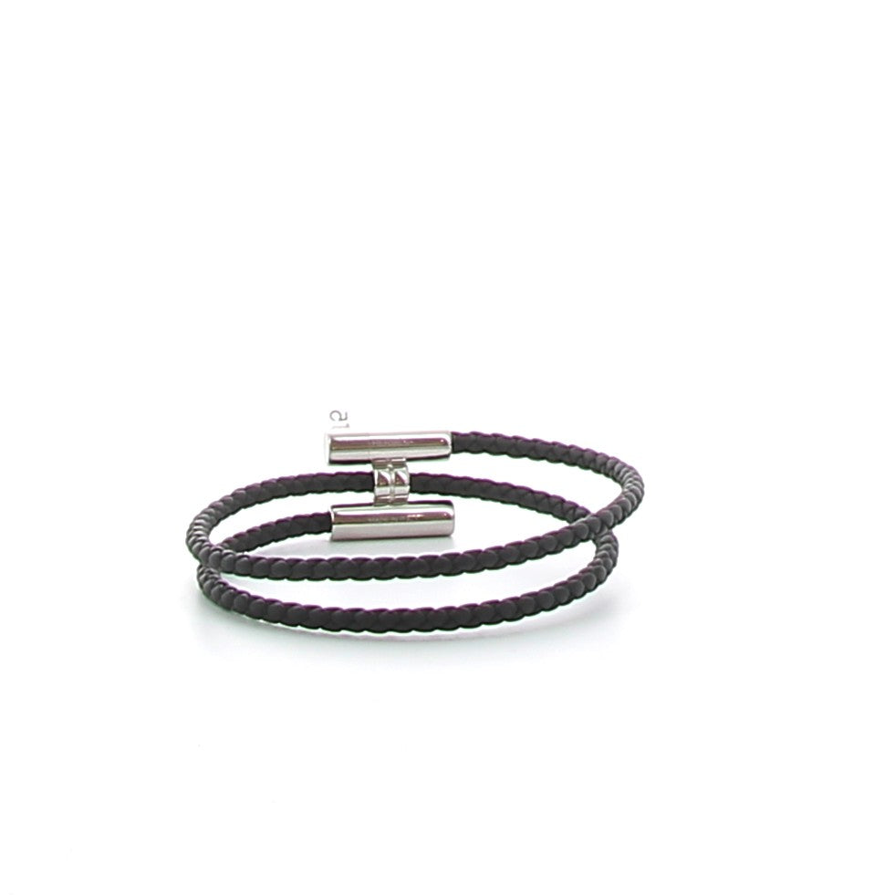 HERMES Bracelet Tournis Tressé Noir Cuir Swift Finition Palladié
