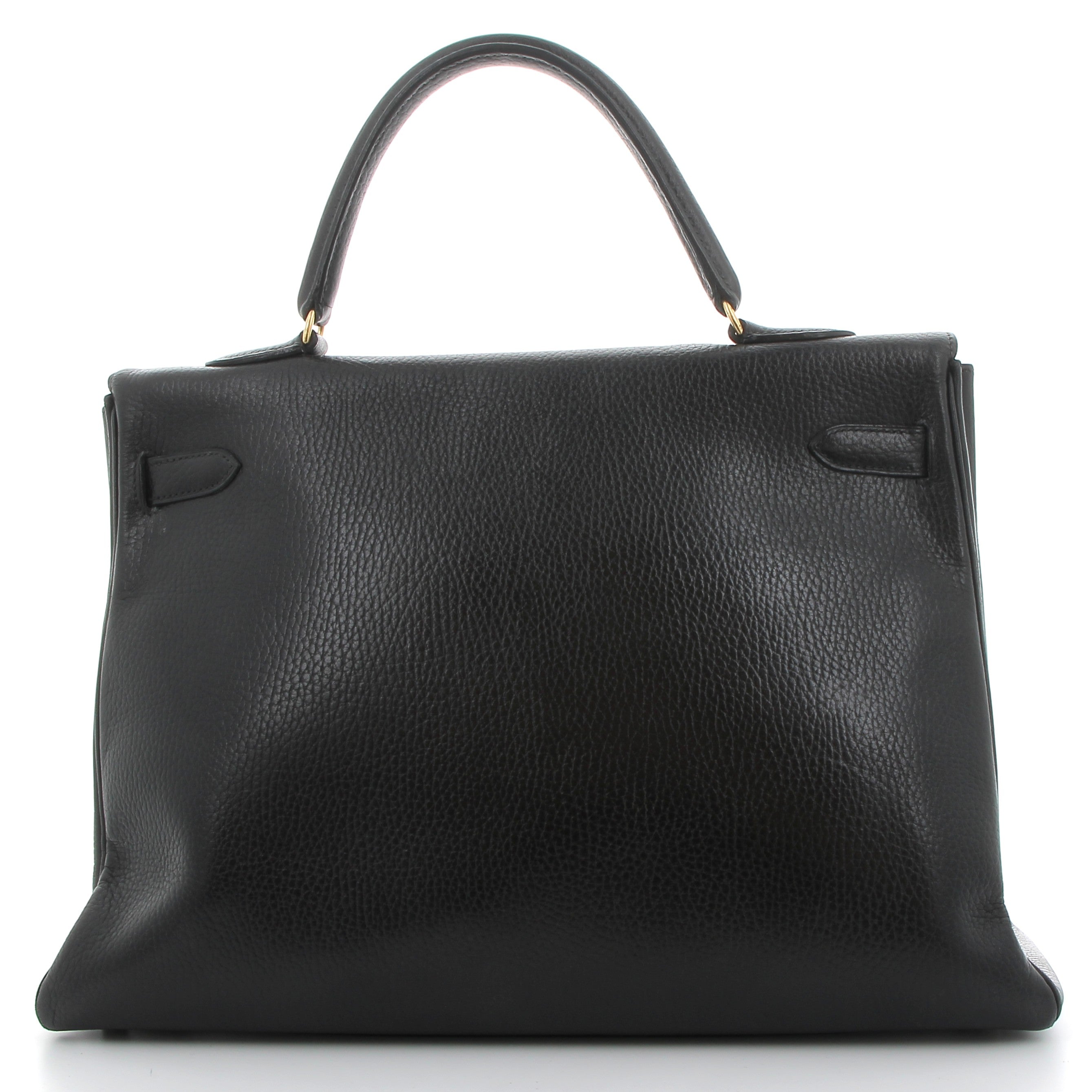 HERMES Kelly 32 Noir Vintage Cuir Box Finition Or Jaune