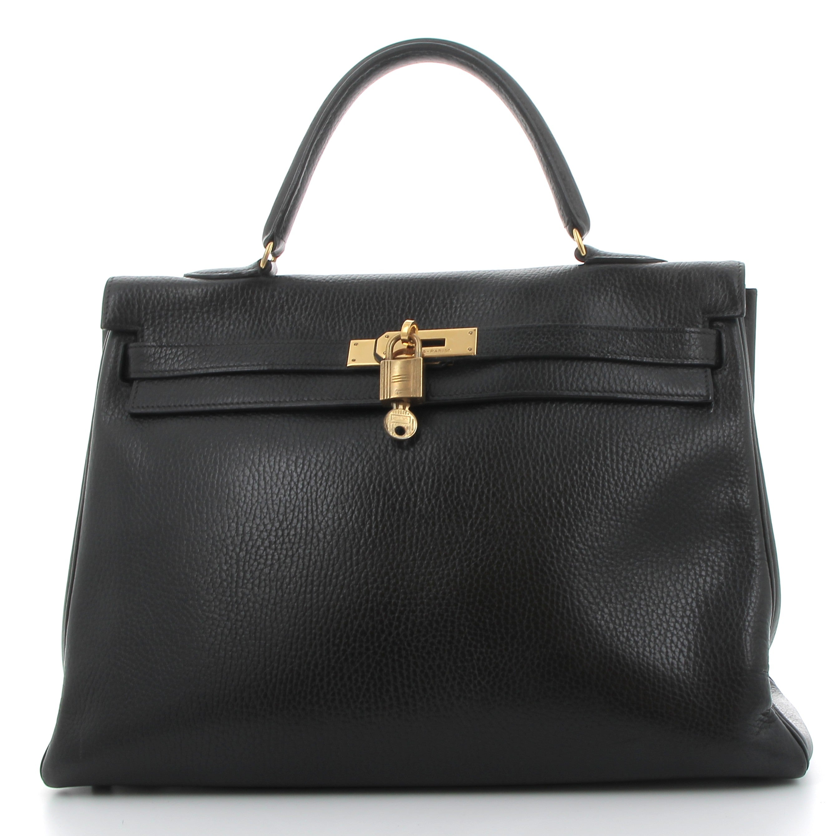 HERMES Kelly 32 Noir Vintage Cuir Box Finition Or Jaune