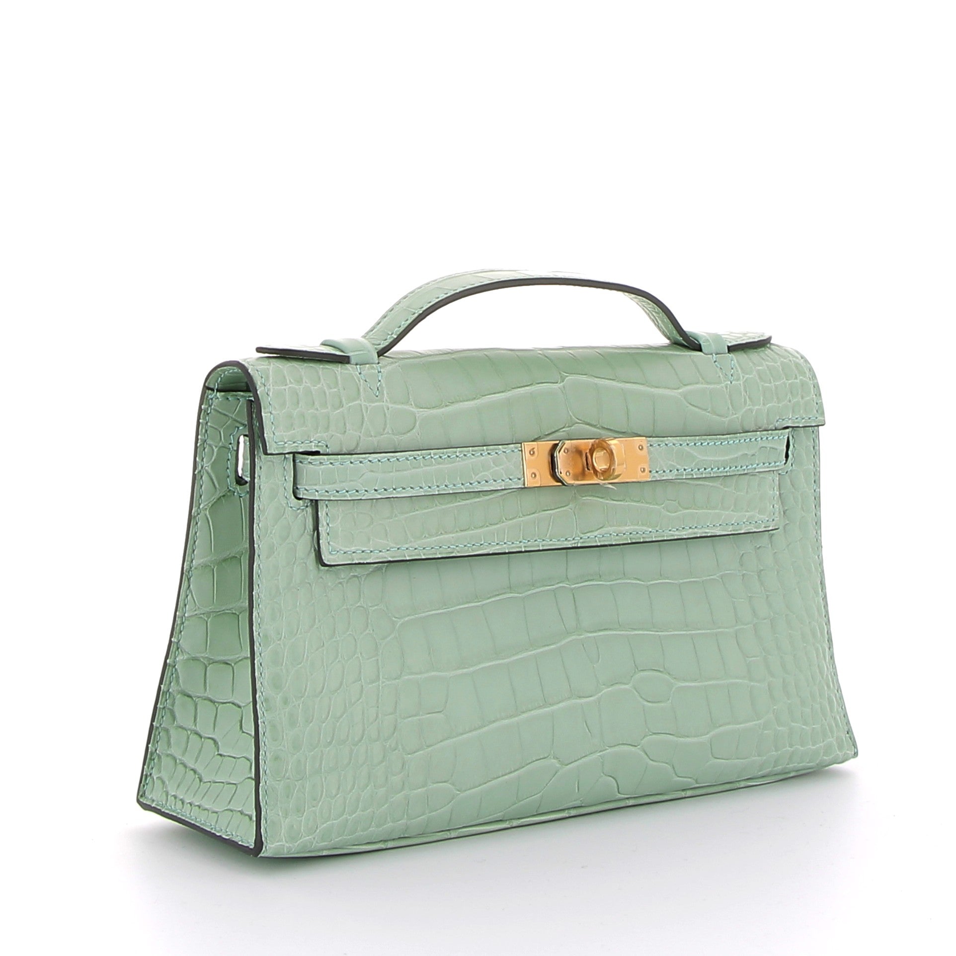 HERMES Kelly Pochette Vert d'Eau Crocodile Finition Or Jaune